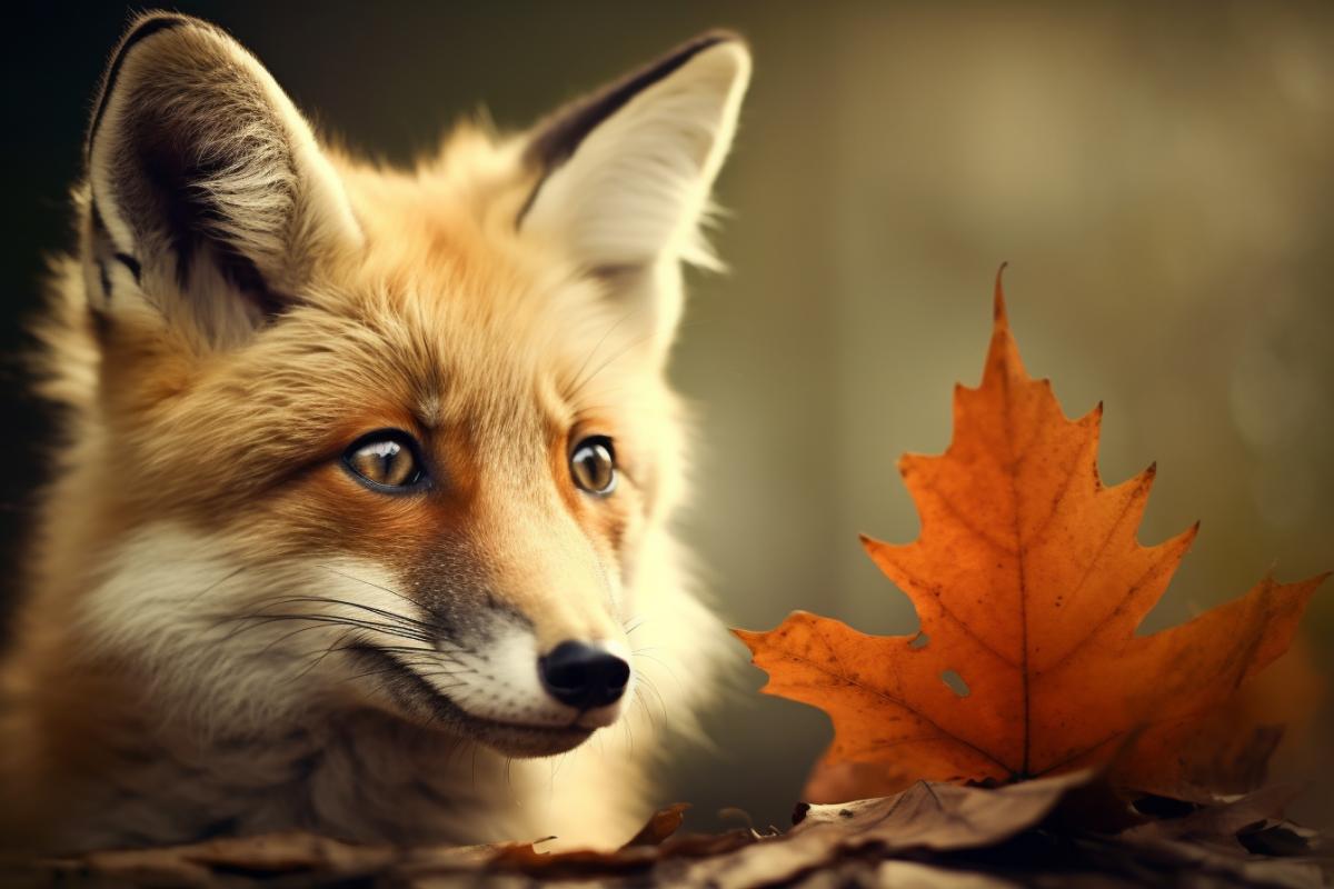 Autumn maple leaf on the foxs nose close-up, the surprised fox looks at the leaf on the nose