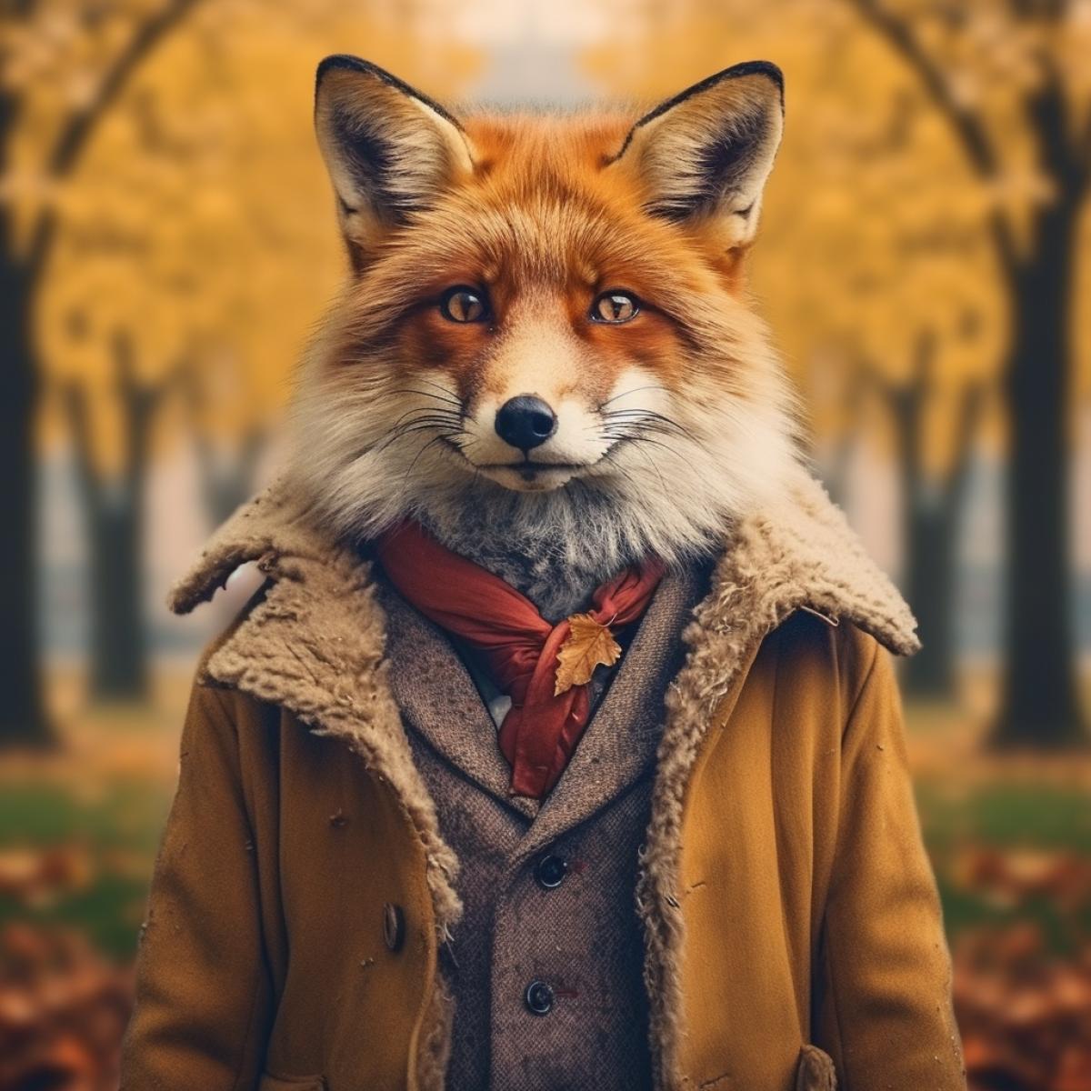humanoid fox in a coat, autumn, park, portrait photo