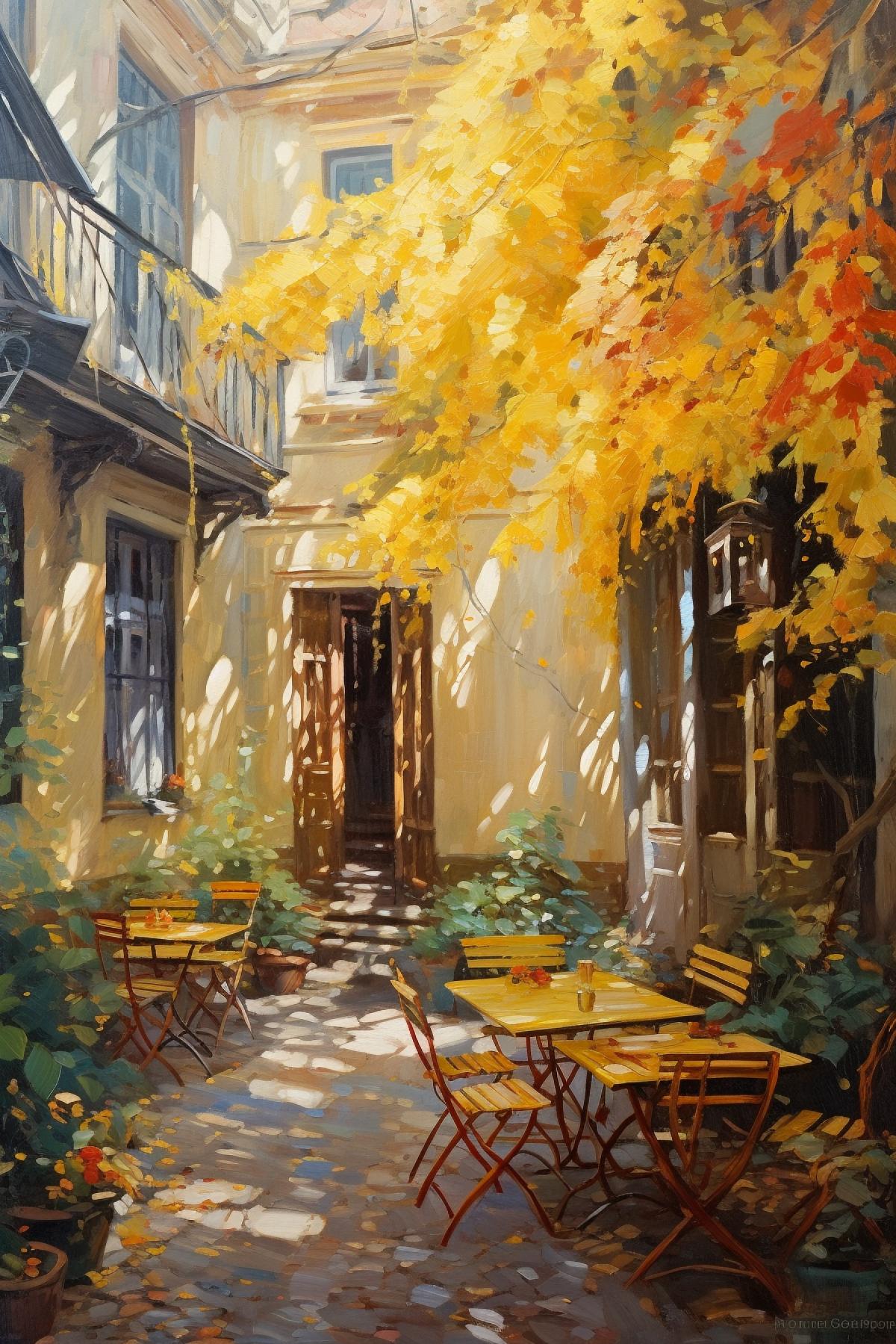 Moscow courtyard in autumn, oil painting