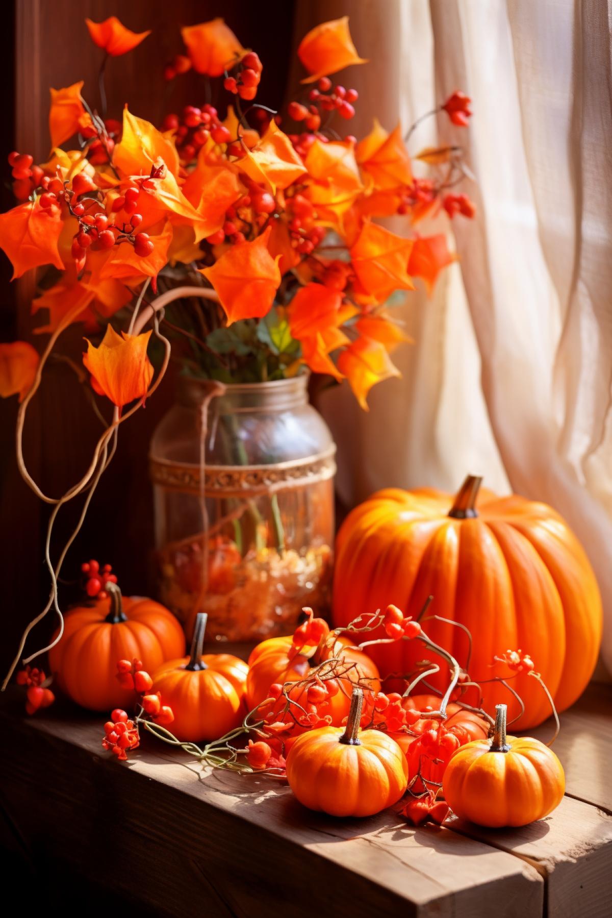 Autumn com4k with bright orange pumpkins and a bouquet of physalis, toned, bright, 8K,