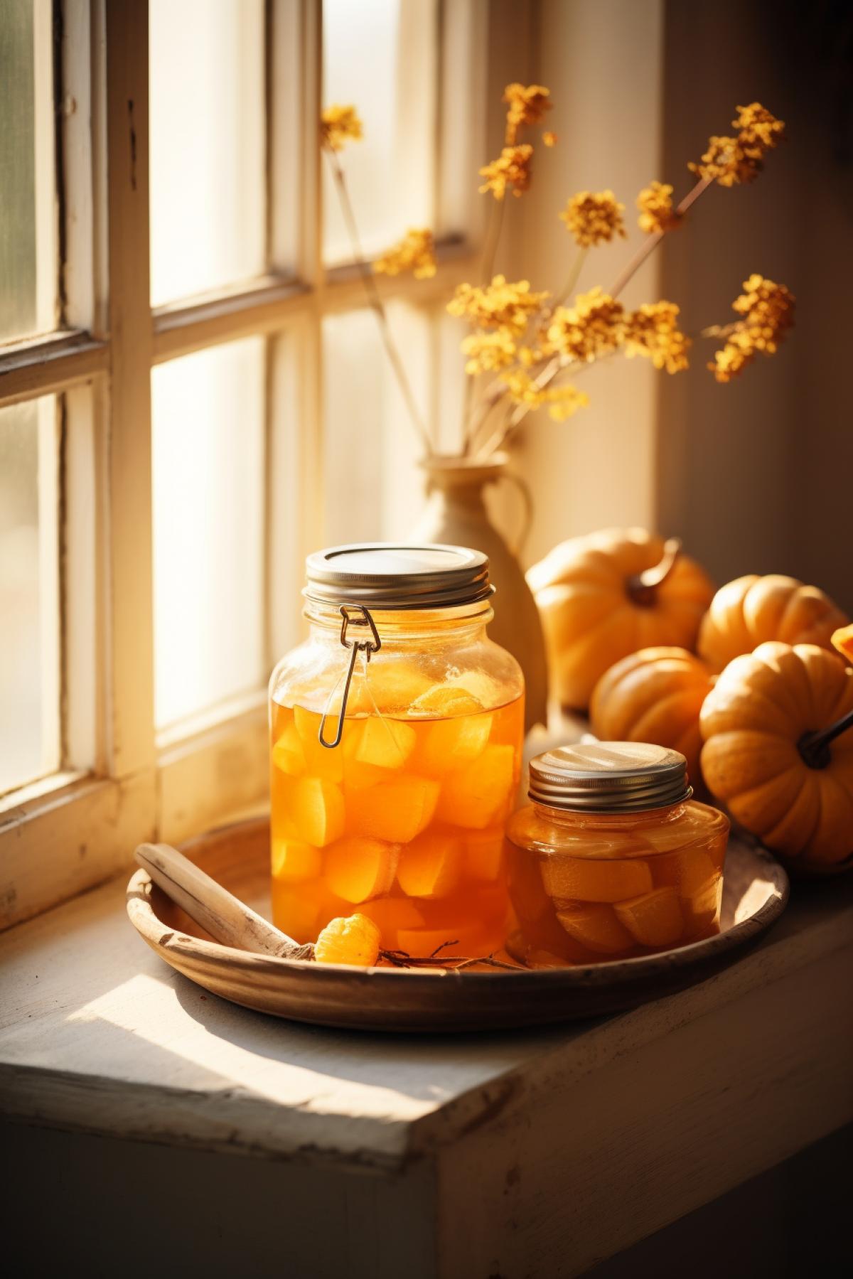 Warm and comfy autumn concept. Jar of Honey and pumpkins on wooden window sill in the style of atmospheric and dreamy, whitewashed narratives, depth of field, rule of thirds, soft shadows, light, food photography, stock photo, super resolution, high quality, photorealistic, 8k, hd, studio shooting, shot using a Hasselblad camera, ISO 100, award winning photograph, color grading, high end retouching, 16k, Advertising photography, Commercial photography, Perfect com4k studio shooting