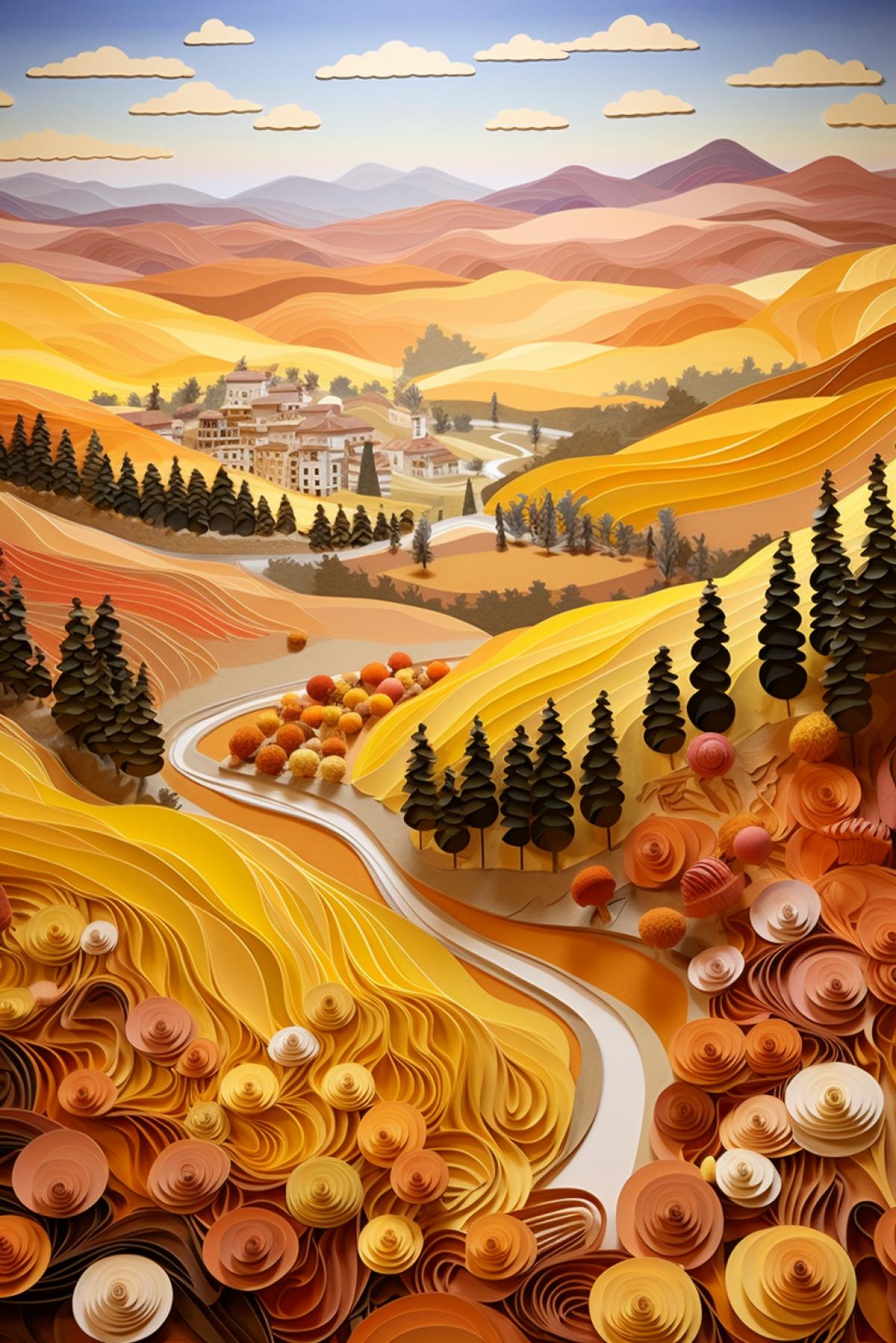 tuscany, tuscan valley, flowers, fields autumn print illustration on paper, in the style of surreal 3d landscapes, golden hues, spirals, northern chinas terrain, paper sculptures, romantic riverscapes, whistlerian