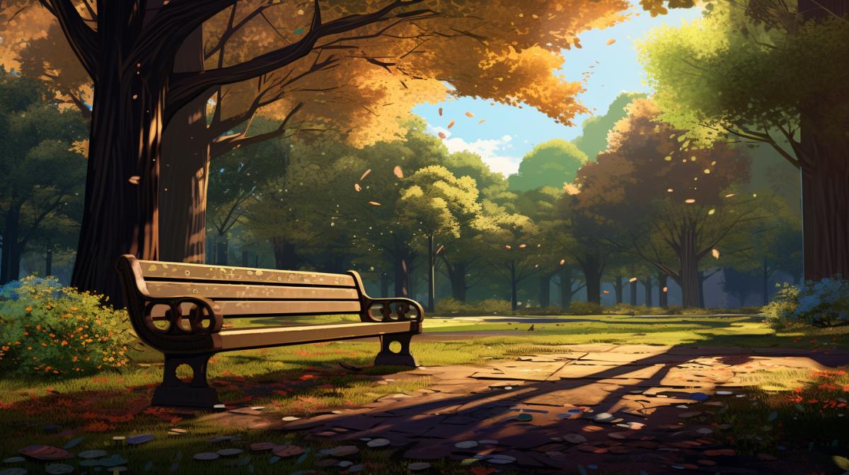 Autumn park in the style of david hinchcliffe, intricate detail, beautiful lighting, bench park, grass, epic com4k, chiaroscuro, stylized, oil painting, hdr, breath of the wild, studio ghibli
