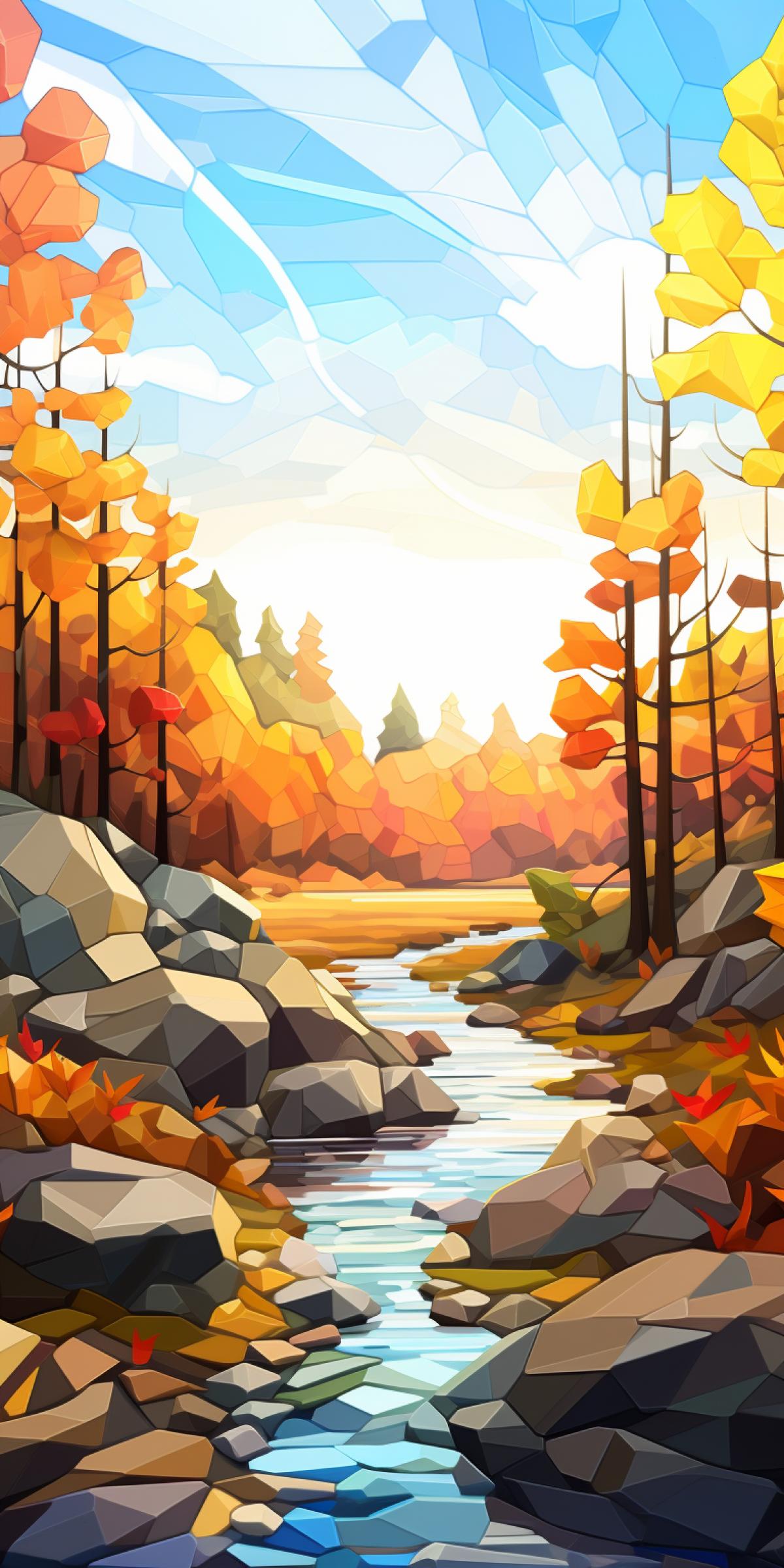 Low poly autumnal scene masterpiece made of 3d stained glass, gallery photo, hyperrealistic, cinematic realism, photorealistic