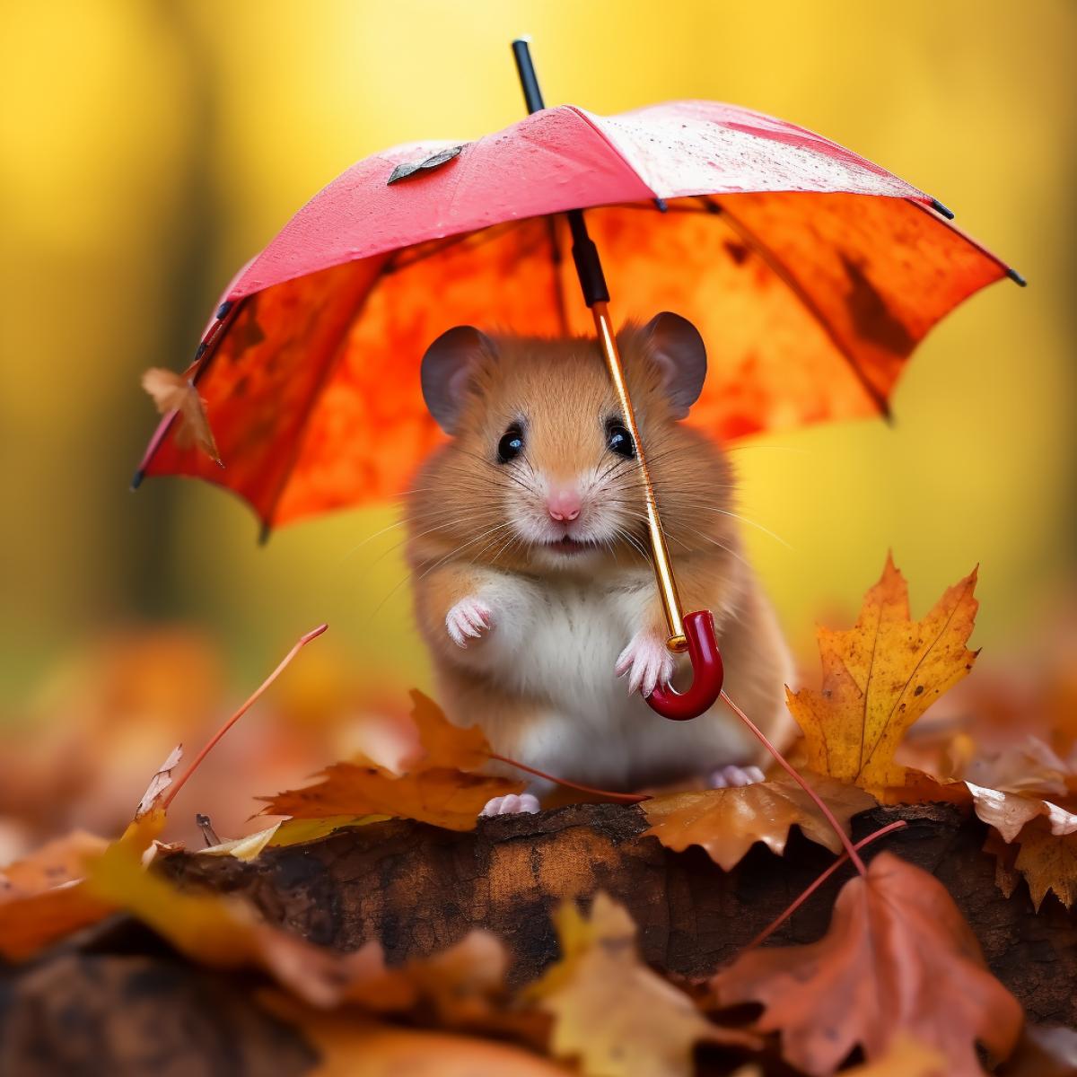Macro close-up | GENRE: Pets and animals | EMOTION: Adorable | SCENE: A tiny hamster holding a miniature umbrella, standing on a pile of colorful leaves | ACTORS: Hamster | LOCATION TYPE: Autumn forest | CAMERA MODEL: Canon EOS R5 | CAMERA LENSE: 100mm f/2.8 Macro | SPECIAL EFFECTS: Bokeh | TAGS: macro, pets, animals, cute, autumn leaves, tiny umbrella, forest
