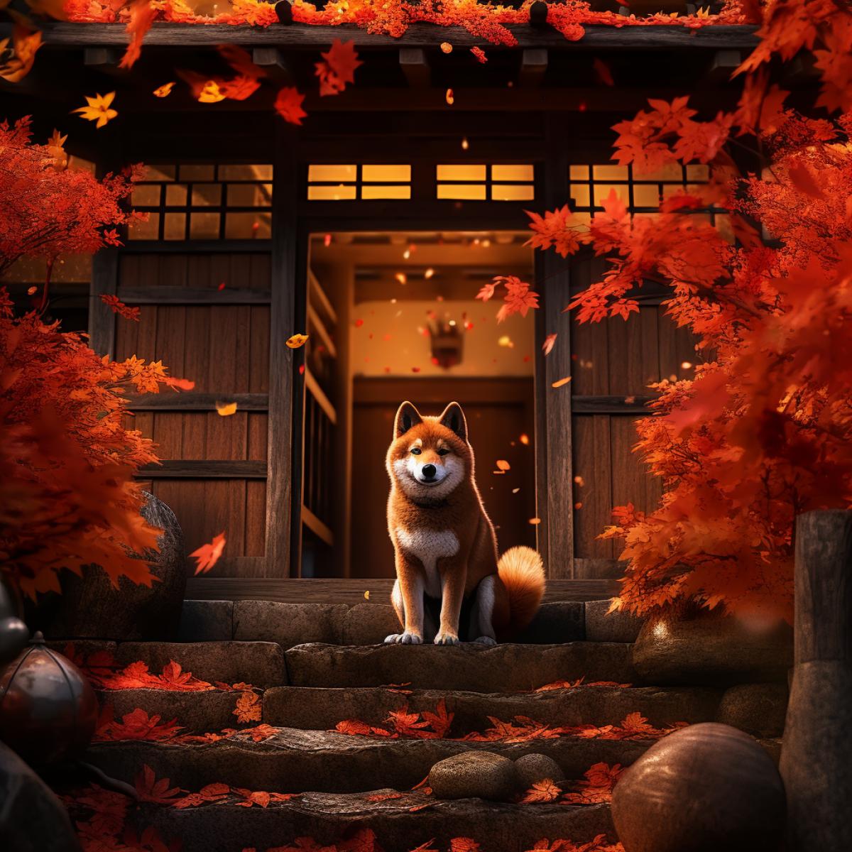 this is a traditional Chinese style house with a shiba dog on the doorstep, autumn, dark fantasy niji