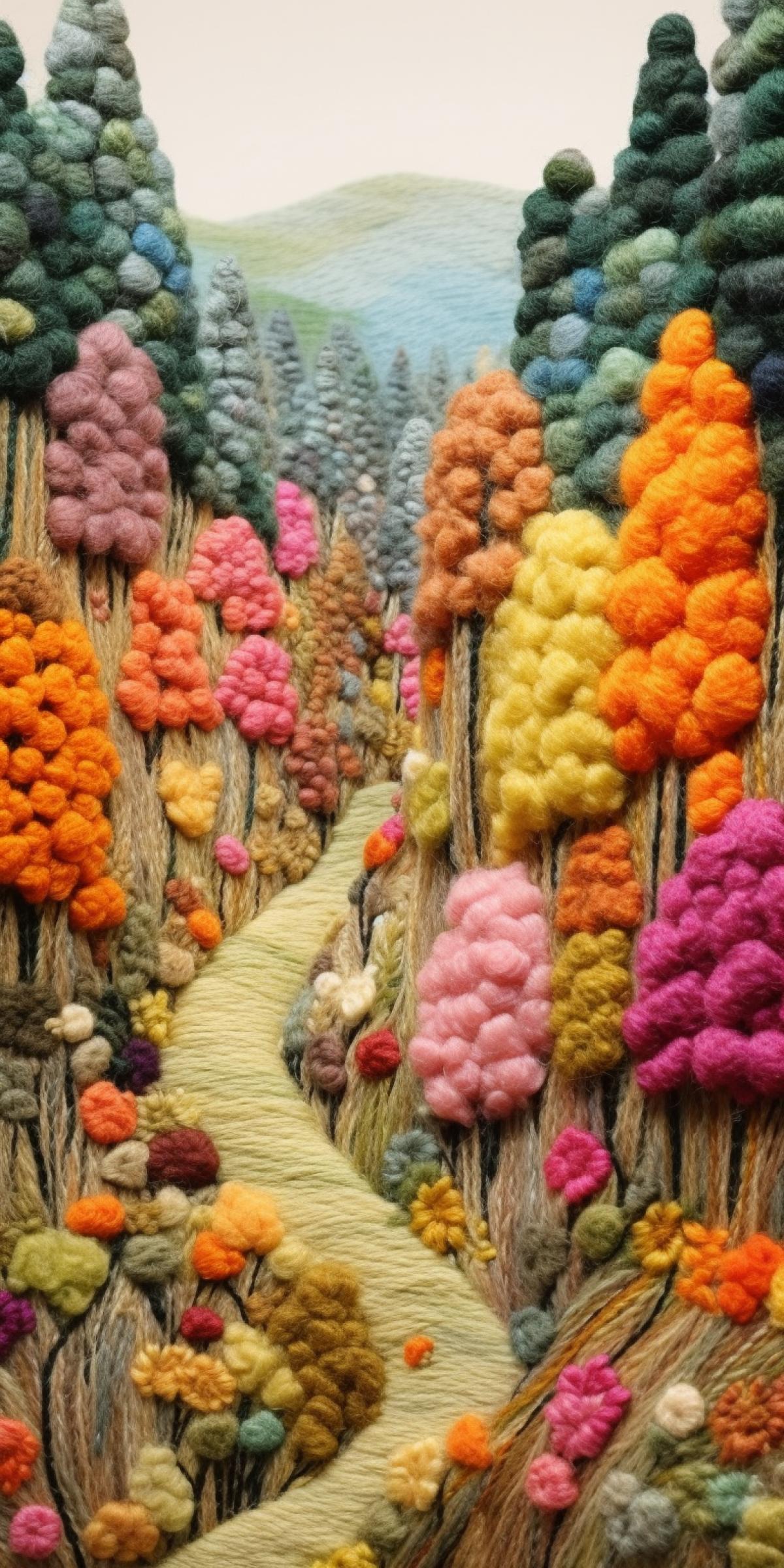 Autumn forest with trees made from wool with colorful flowers landscape made from wool --no latte art