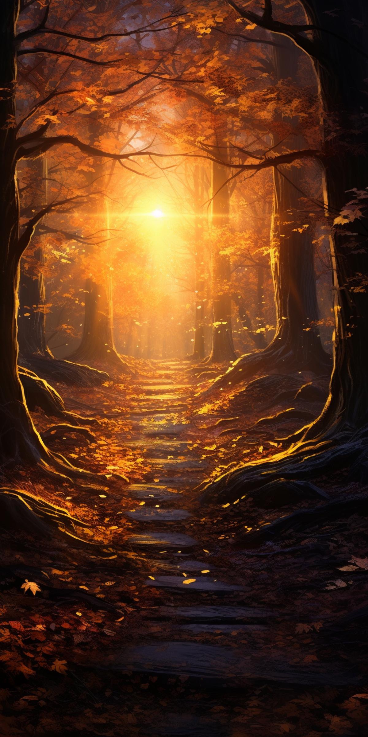 beautiful autumn forrest scenery with a bright sun giving the world and the leaves a glowing magical sheen:: volumetric ambient back light:: In a small dell in the autumn forrest a beautiful female knight called yolanda is watching a dragon-fox scuttle away further up the small track. yolandas armor is gleaming:: Dramatic scenary:: Glowing autumn leaves::1.3 Autumn colors:: dragon-fox in the distance:: yolanda the human female knight in the foreground:: By donato giancola and ismail inceoglu and andreas rocha