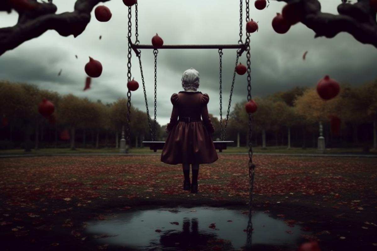in the foreground there is a doll forgotten on a swing, in the background a girl with a school backpack on her back goes out of the garden gate, a crimson-red autumn garden, cloudy, puddles on the asphalt