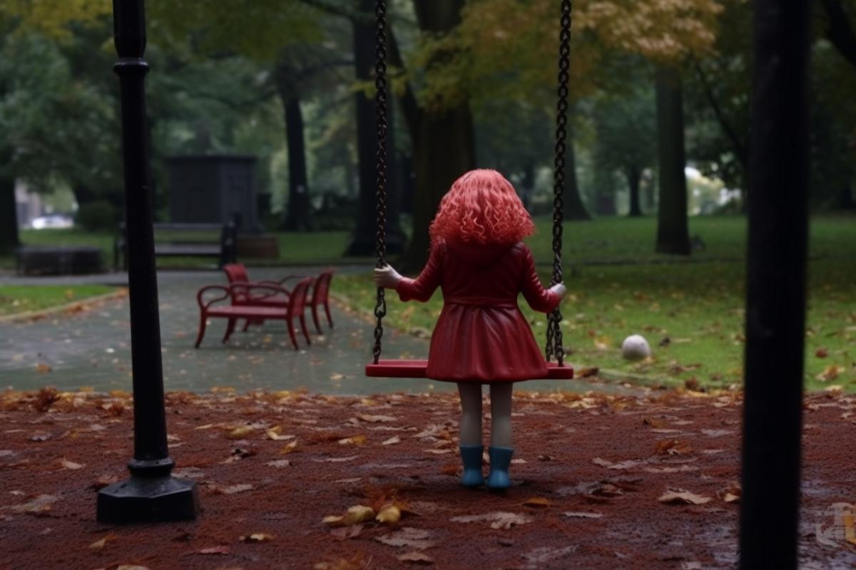 in the foreground there is a doll forgotten on a swing, in the background a girl with a school backpack on her back goes out of the garden gate, a crimson-red autumn garden, cloudy, puddles on the asphalt