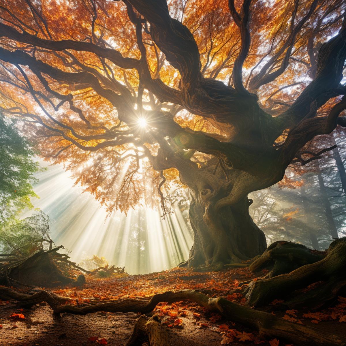 inside a huge forest, dozens of huge hundred-year-old oaks, golden autumn, voluminous rays of dawn, the sky through the branches, a stone tree with emerald leaves, large crystals and diamonds on the ground, all in multi-colored colors, light blue fog, golden section, detailing, realism, photo