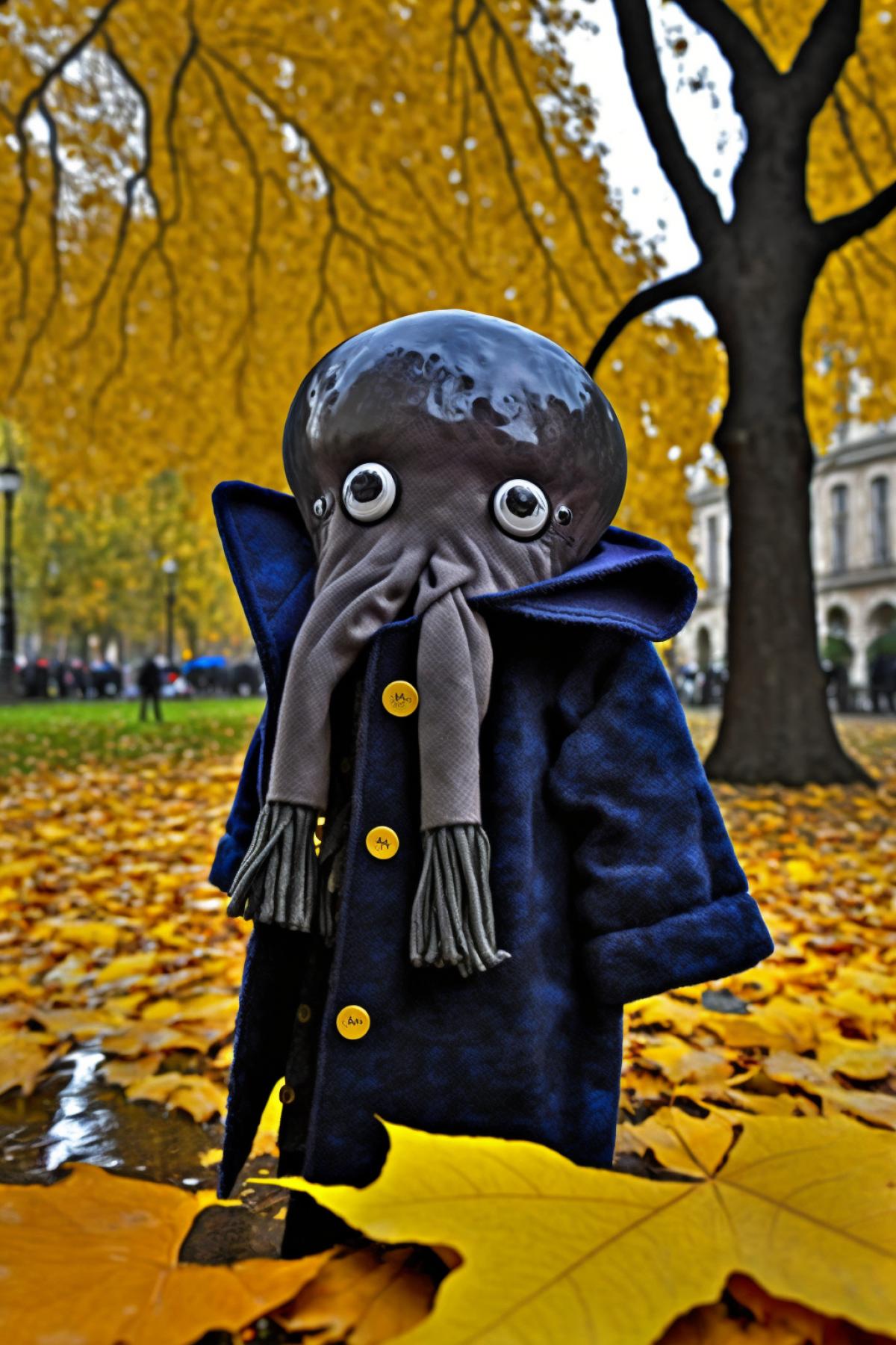 A sad octopus in a coat is sad in the fall in St. Petersburg, autumn park.
