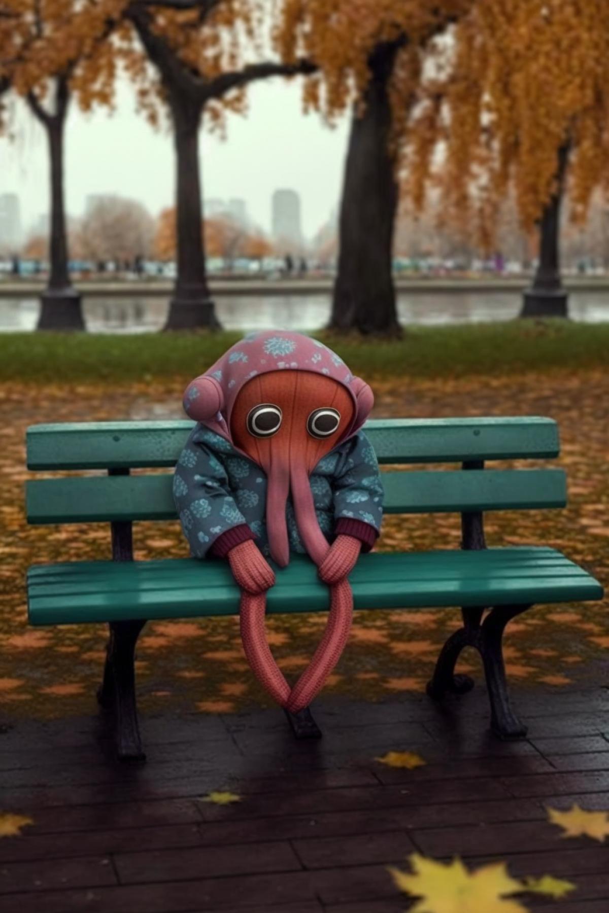 A sad octopus in a coat is sad in the fall in St. Petersburg, autumn park.