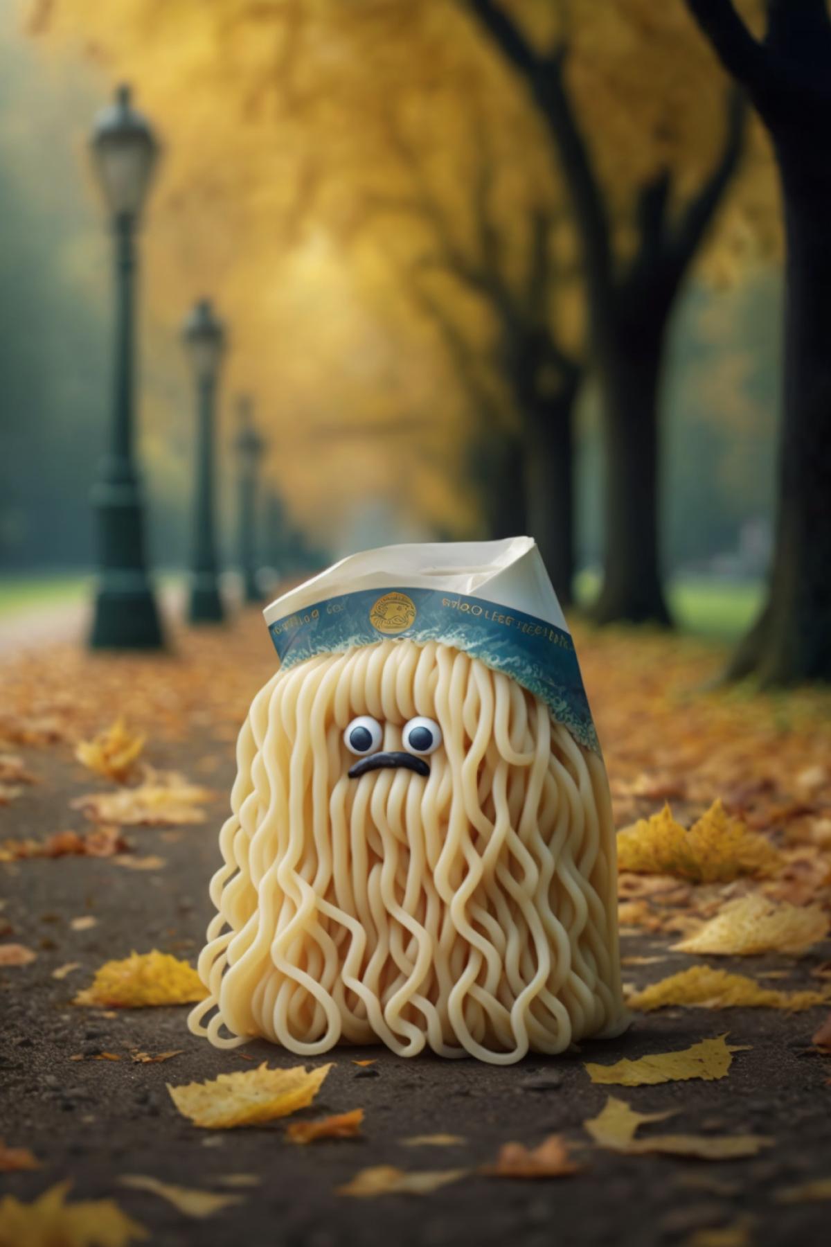 Noodles are sad in the autumn park.