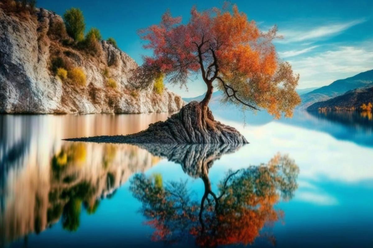 a lonely large tree on a rocky autumn island in the middle of a big lake, the reflection of this tree in the water, water like a mirror, more water, lots of space above the top of the tree, sunlight through the branches, a mysterious magical atmosphere, blue sky, light colors