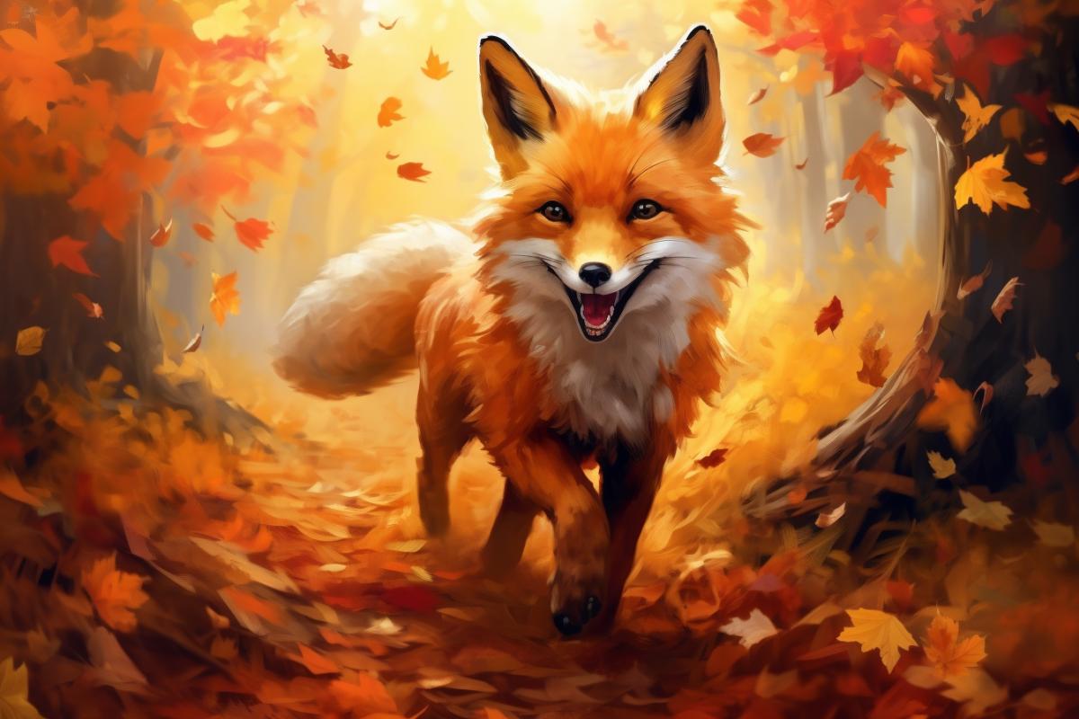 A bright red fox with a green scarf happily runs after falling autumn leaves, magical colorful autumn,