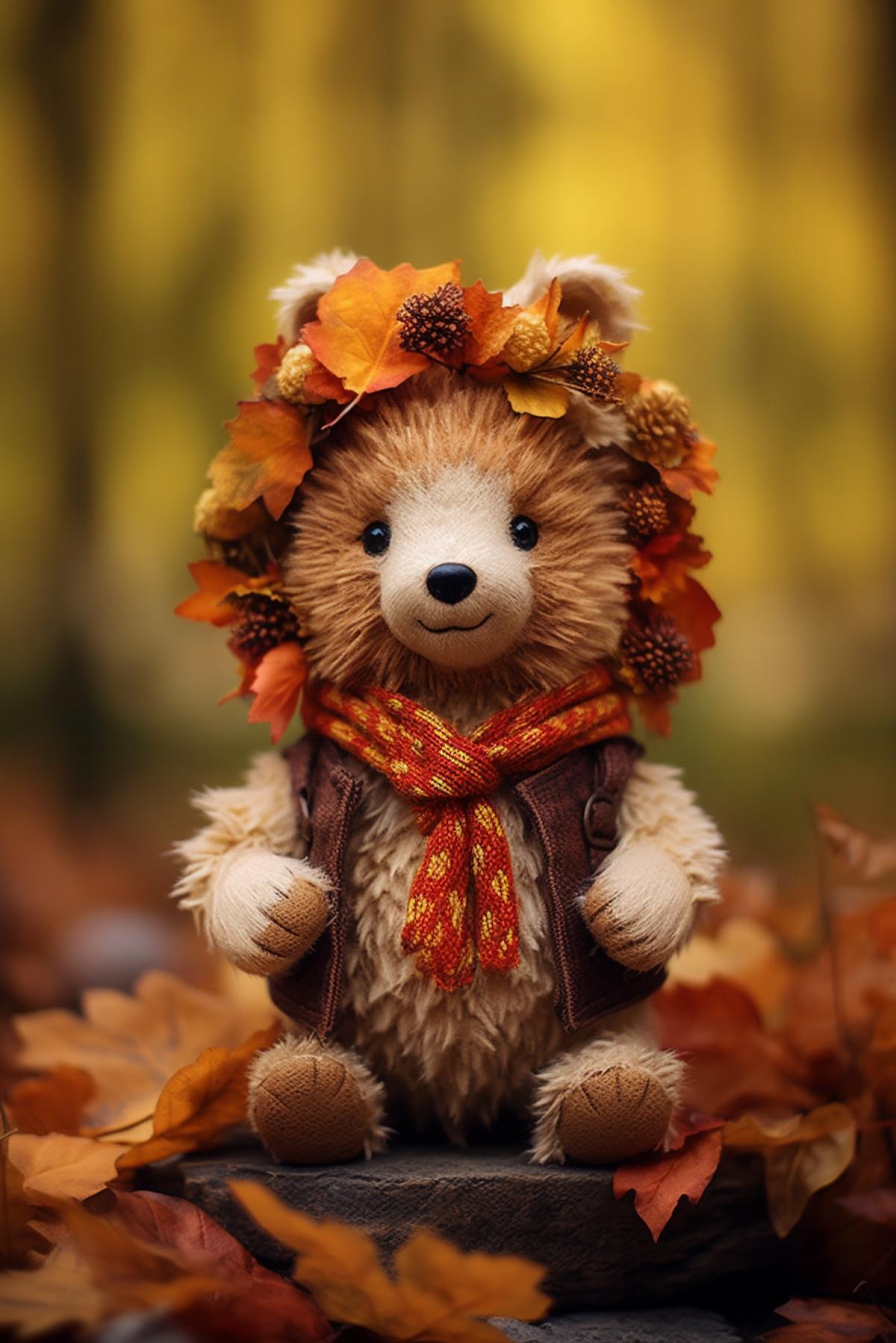 Teddy bear with an autumn wreath on his head
