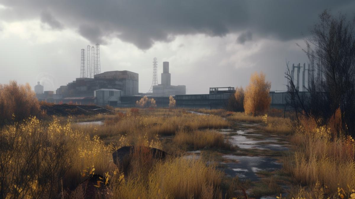 Chernobyl exclusion zone, view of the nuclear power plant, landscape, autumn, cloudy weather, realistic