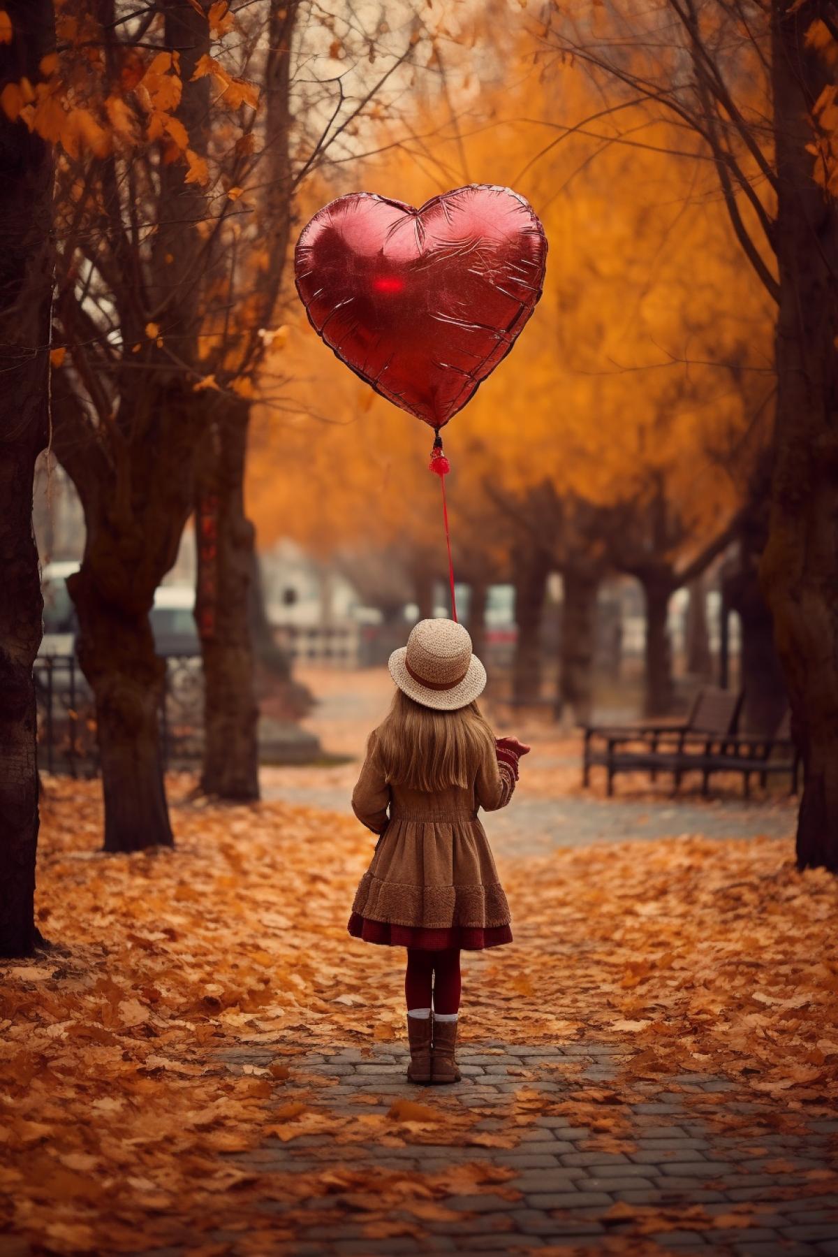 A little girl carries a large heart-shaped balloon in an autumn park.