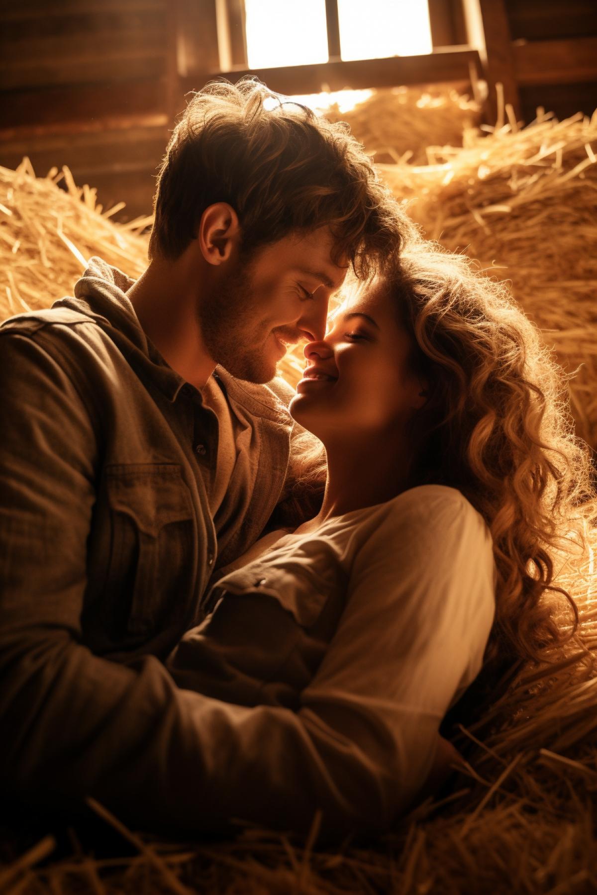 A couple in love is hugging while lying on a haystack in a barn, using a photo filter, maximum detail, indoor shooting, warm colors, depth of field, background rays of light breaking through the boards