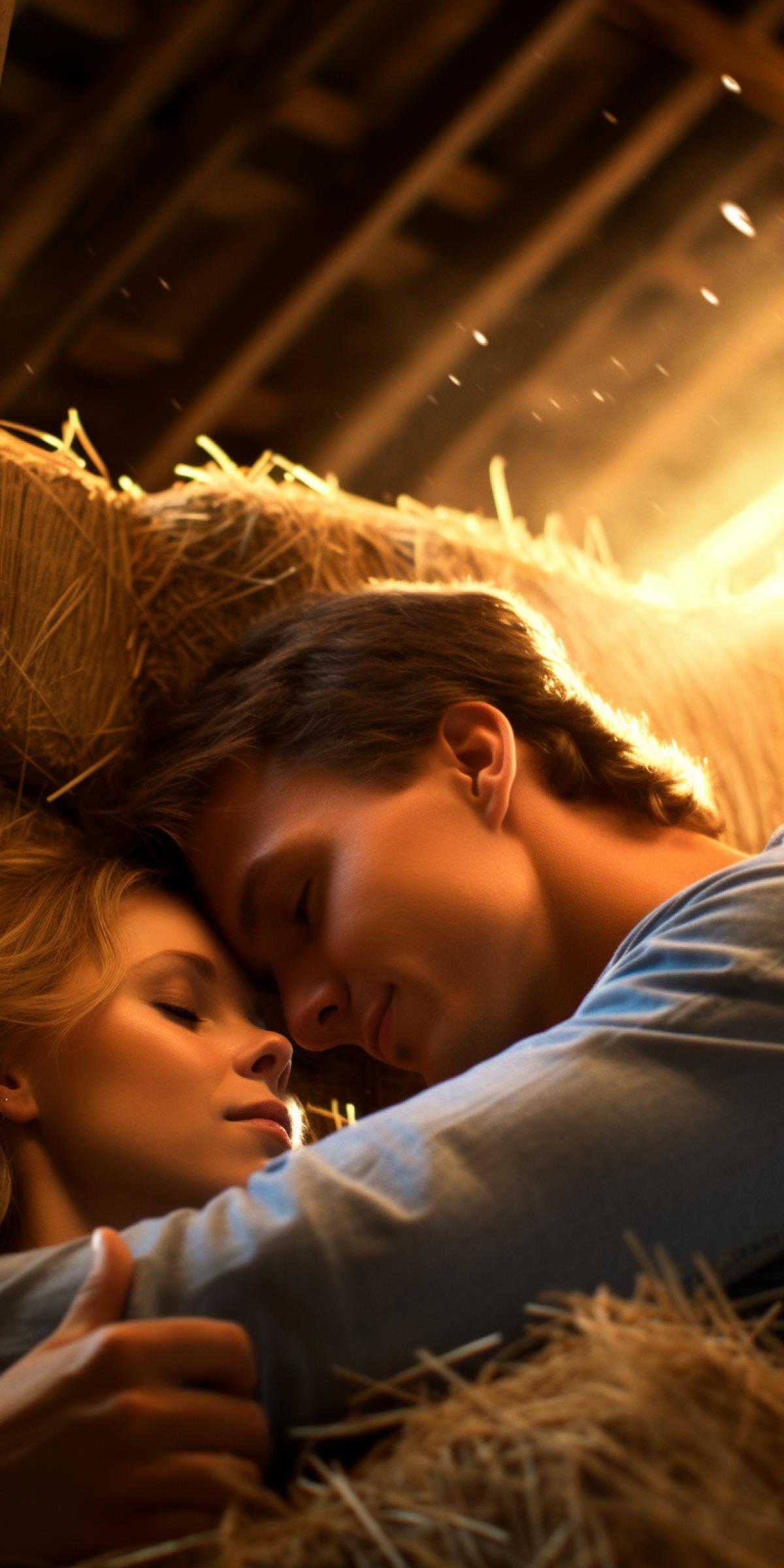 A couple in love is hugging while lying on a haystack in a barn, using a photo filter, maximum detail, indoor shooting, warm colors, depth of field, background rays of light breaking through the boards