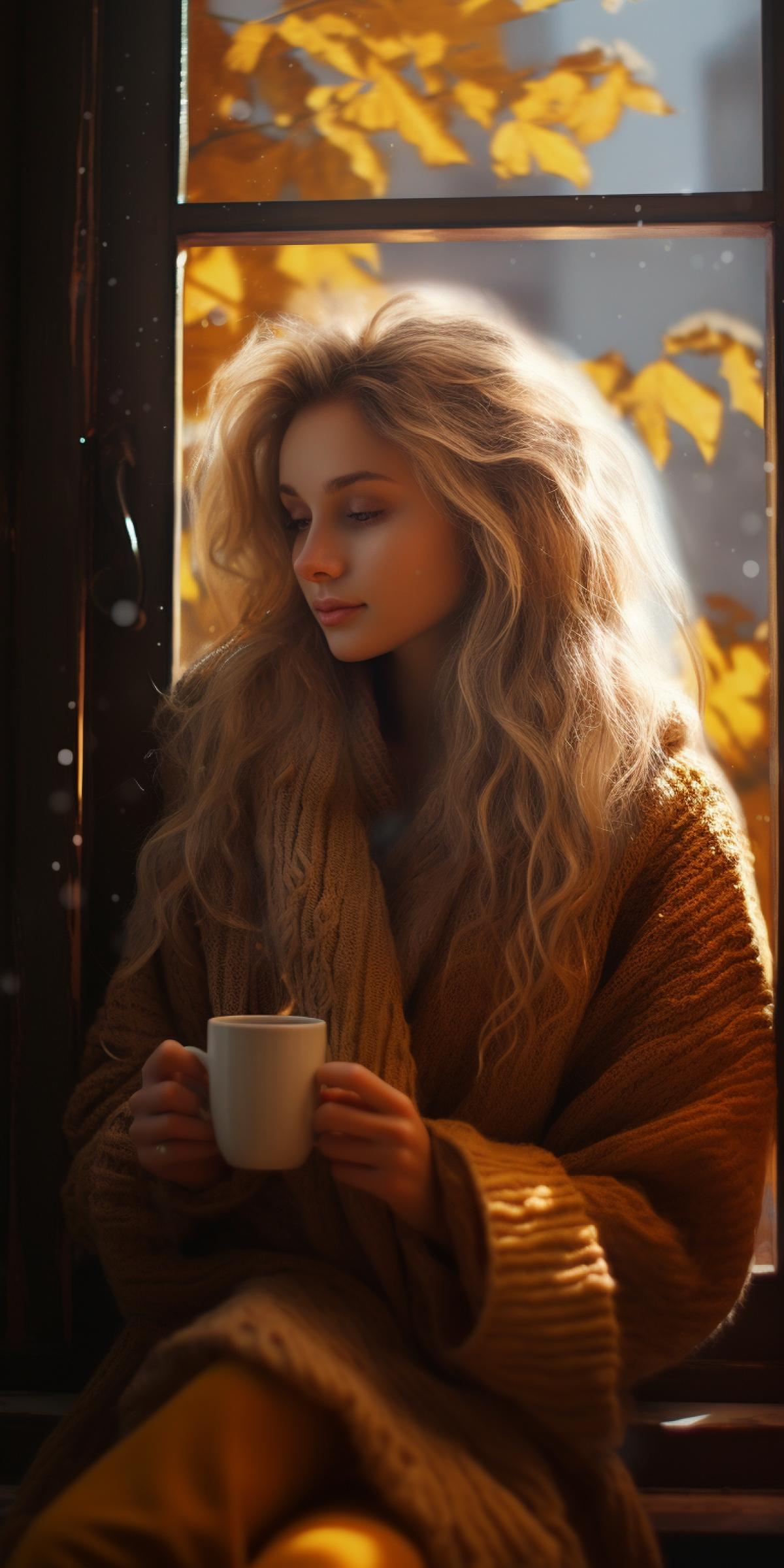 A girl in love in a large warm sweater sits by the panoramic window, holding a mug with a hot drink, cold autumn rain outside the window, photo with pulsed light