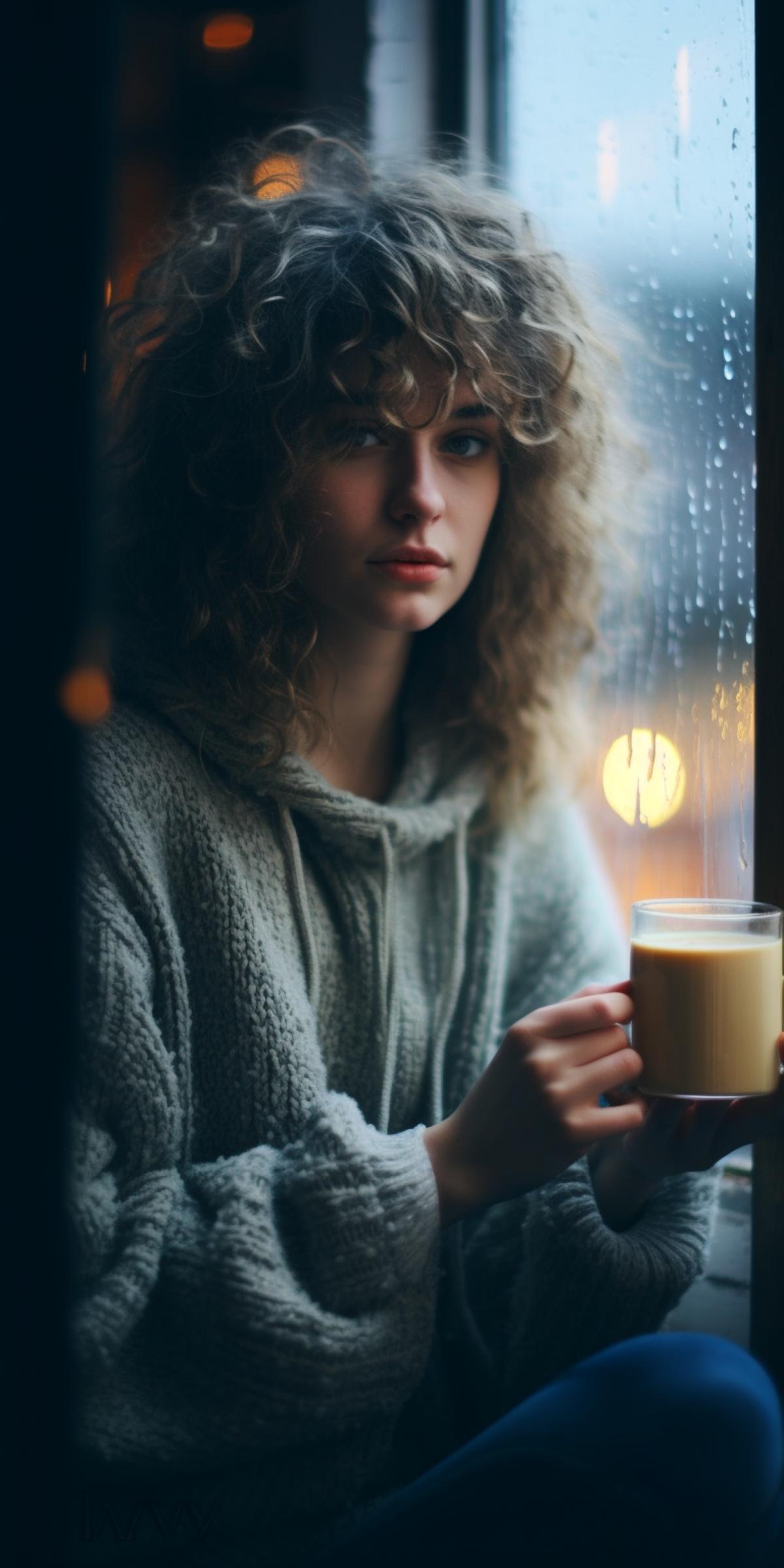 A girl in love in a large warm sweater sits by the panoramic window, holding a mug with a hot drink, cold autumn rain outside the window, photo with pulsed light