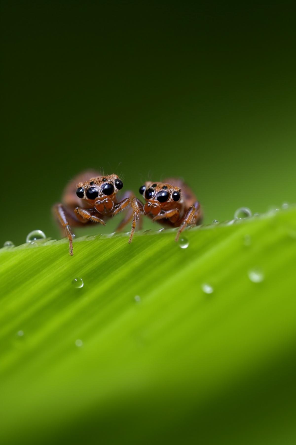 Cute charming jumping spiders sit on the grwet with dew