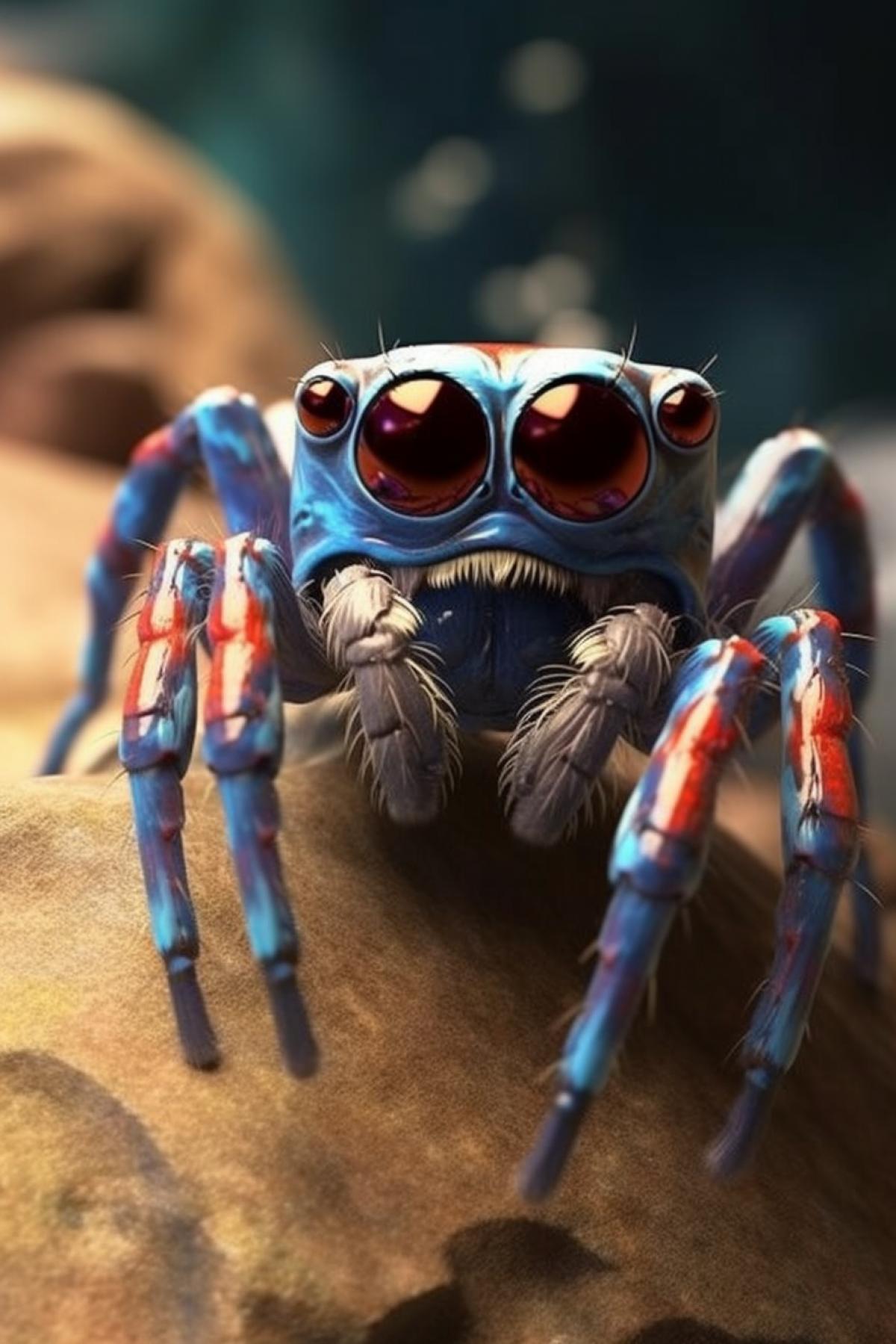 close-up of a jumping spider on a stone, blue and red bicolor, 🍂 cute, multicolor, big spider legs