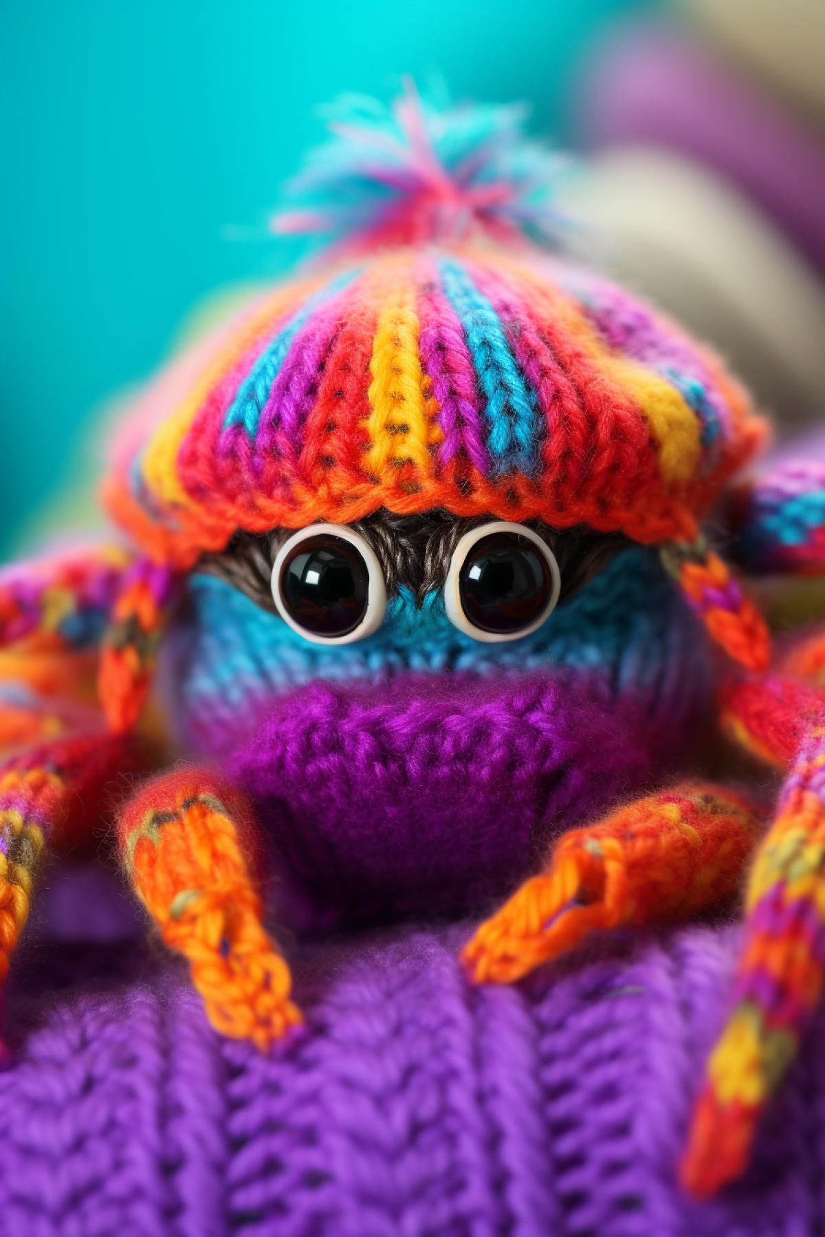 spider in colorful hyperfine crochet sweater and with pom pom hat , super macro