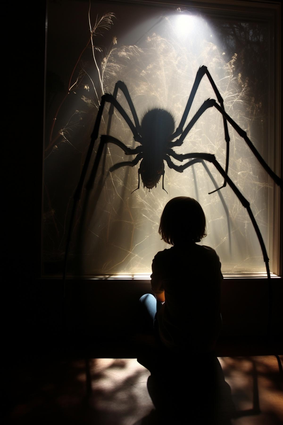 giant dark widow spider, backlit, web from window to sleeping boy, hr giger