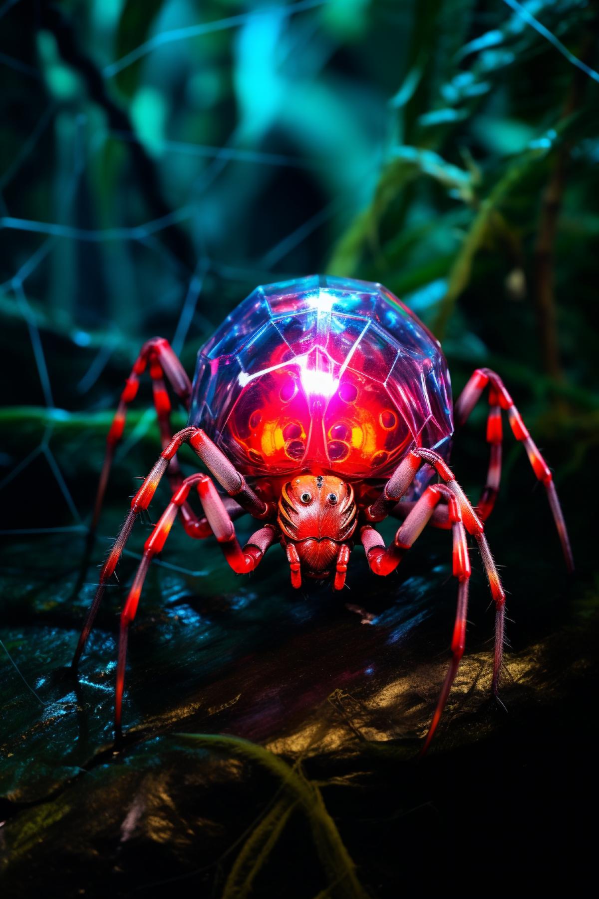 a biomechanical spider on an orb web in the jungle waiting for a prey, led lights, global illumination, defocus background, hyper details, rich colors, photograph