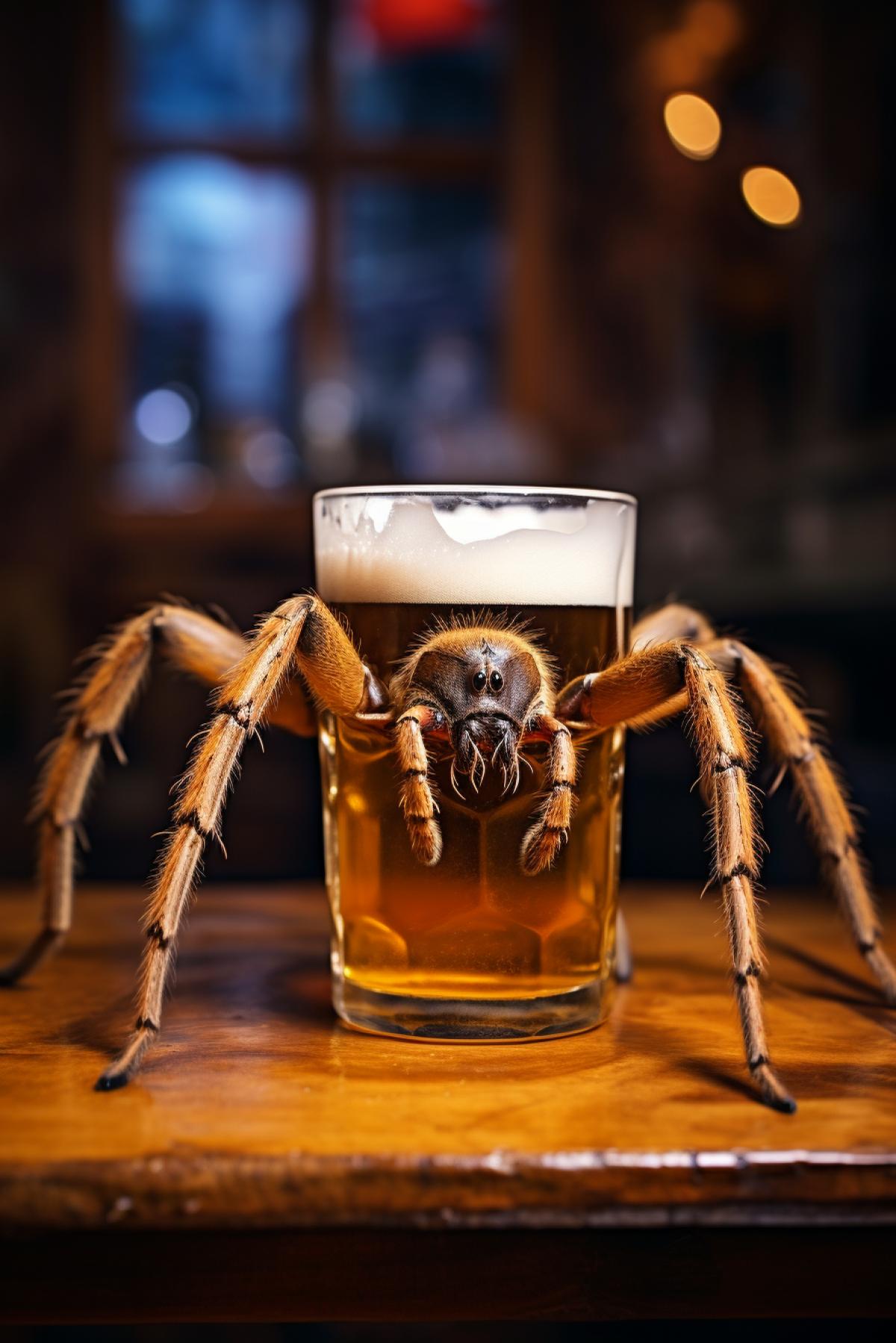 Spider alcoholic drinking beer in the bar