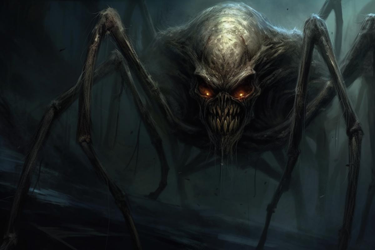 monster spider, spider body, spider legs, old ladys head, horror, detailed, realistic, background cobweb in a dark corner