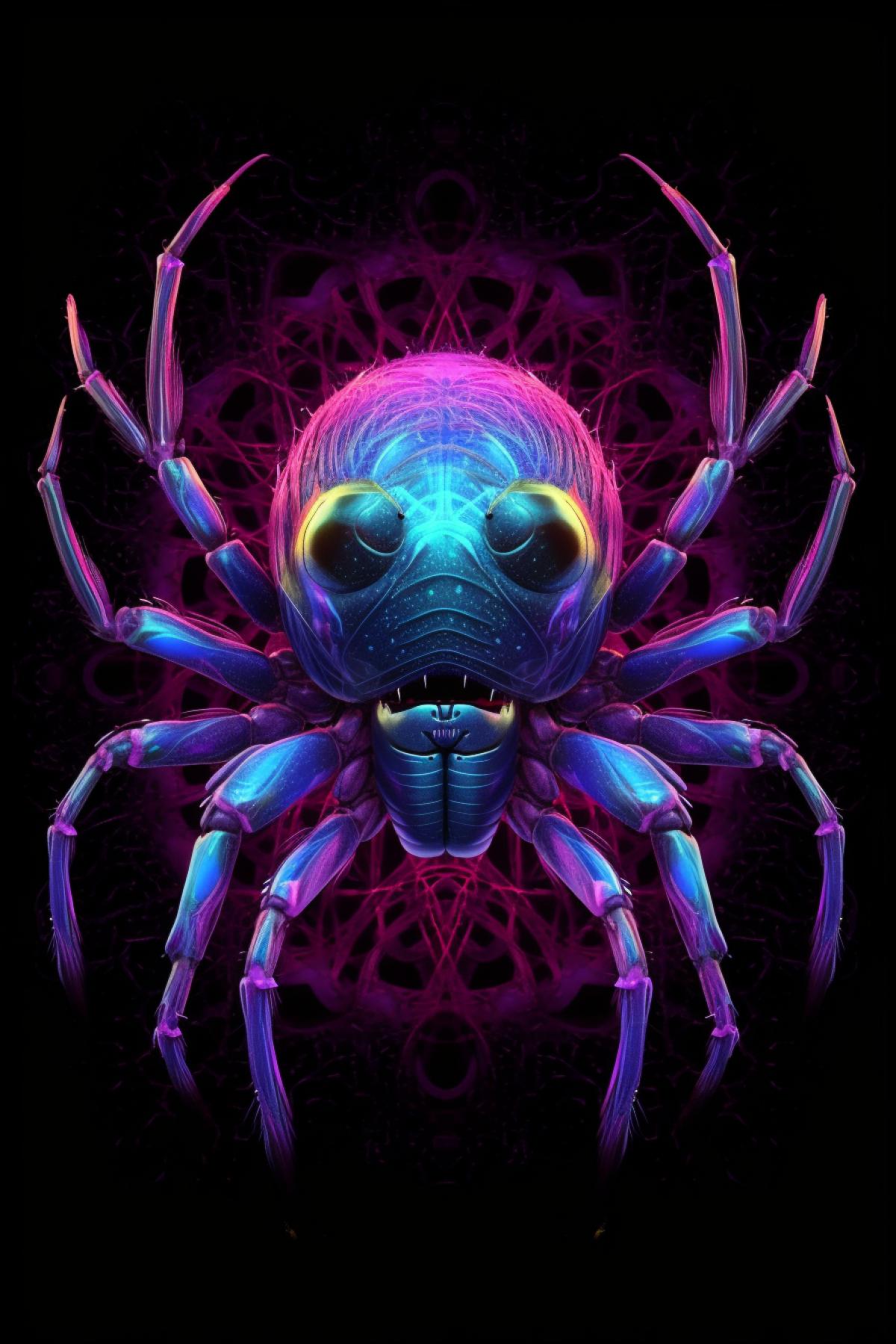 real beautiful spider as a pet, night, neon