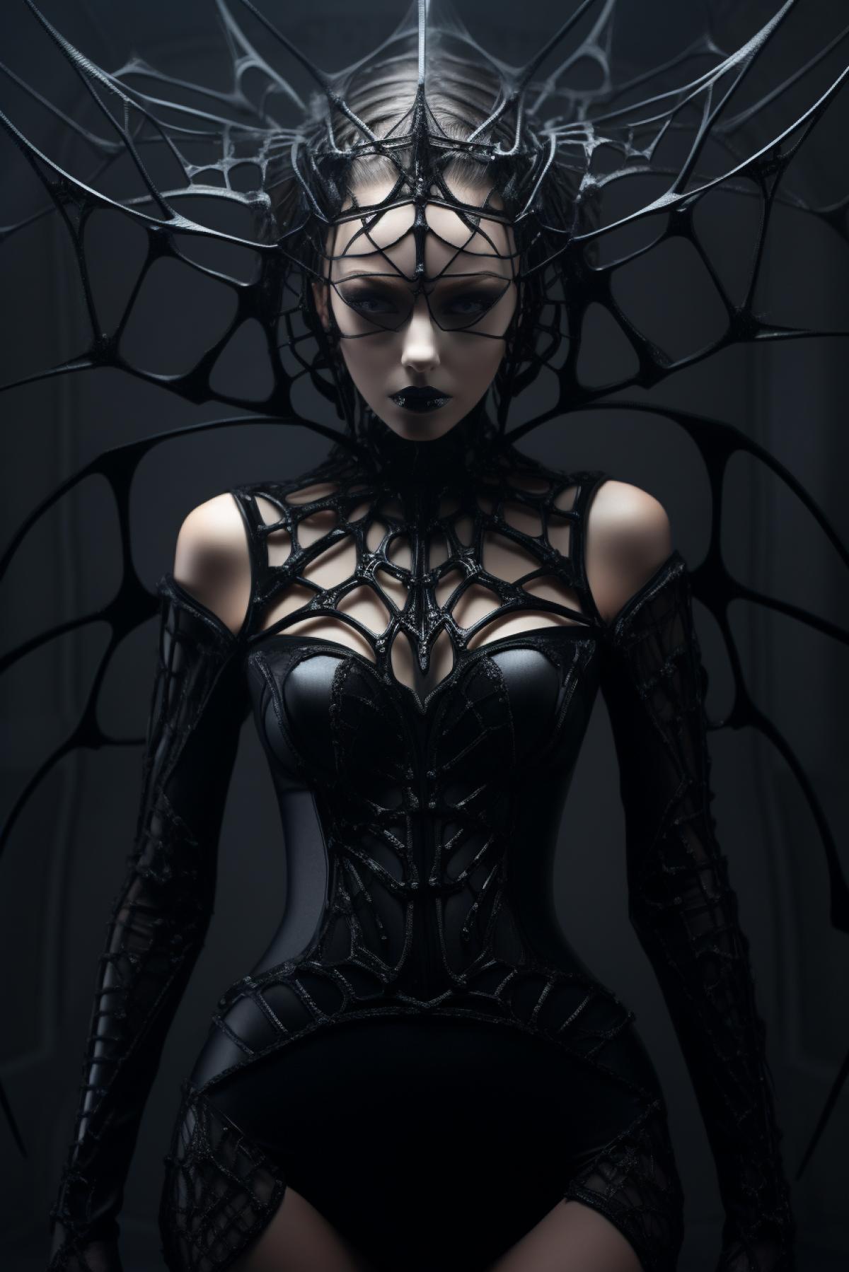 Spider fashion style, top model, design dress, gothic, photorealistic