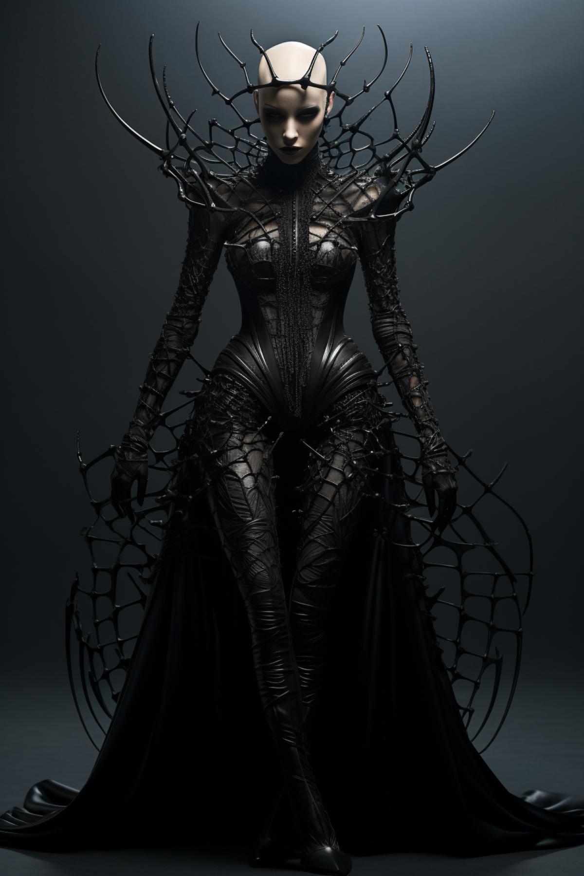 Spider fashion style, top model, design dress, giger style, full body, extravagant, gothic, photorealistic