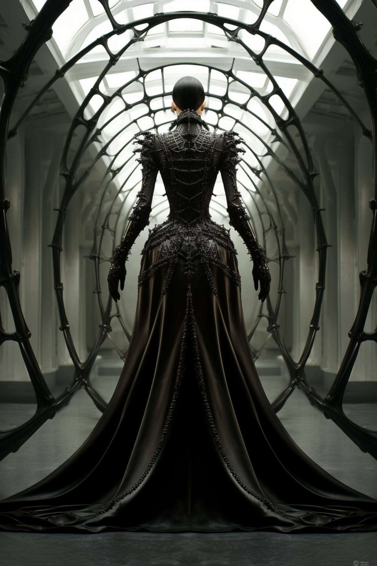 Spider fashion style, top model, design dress, giger style, full body, extravagant, gothic, mirror room, photorealistic,