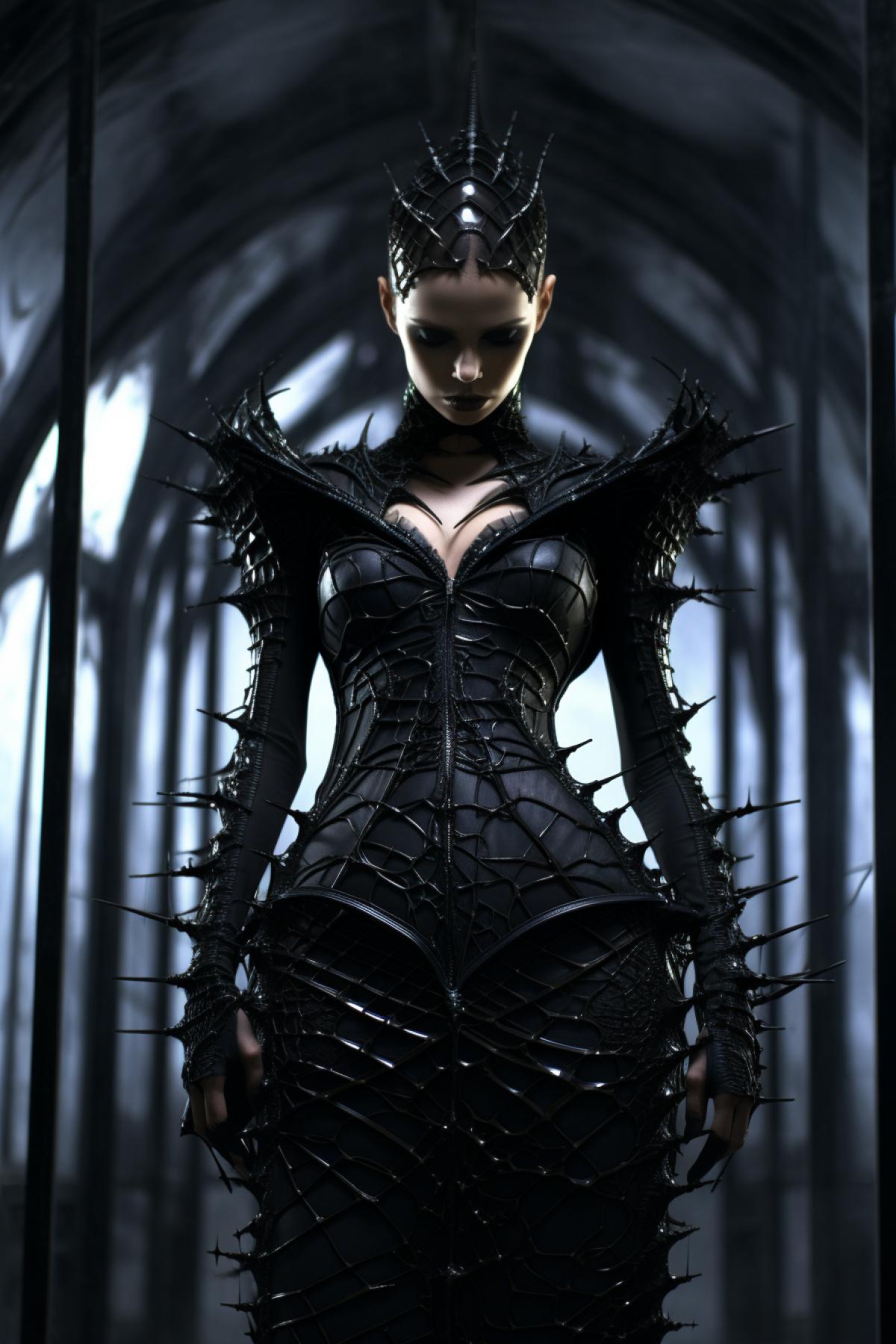 Spider fashion style, top model, design dress, giger style, full body, extravagant, gothic, mirror broken room, photorealistic,