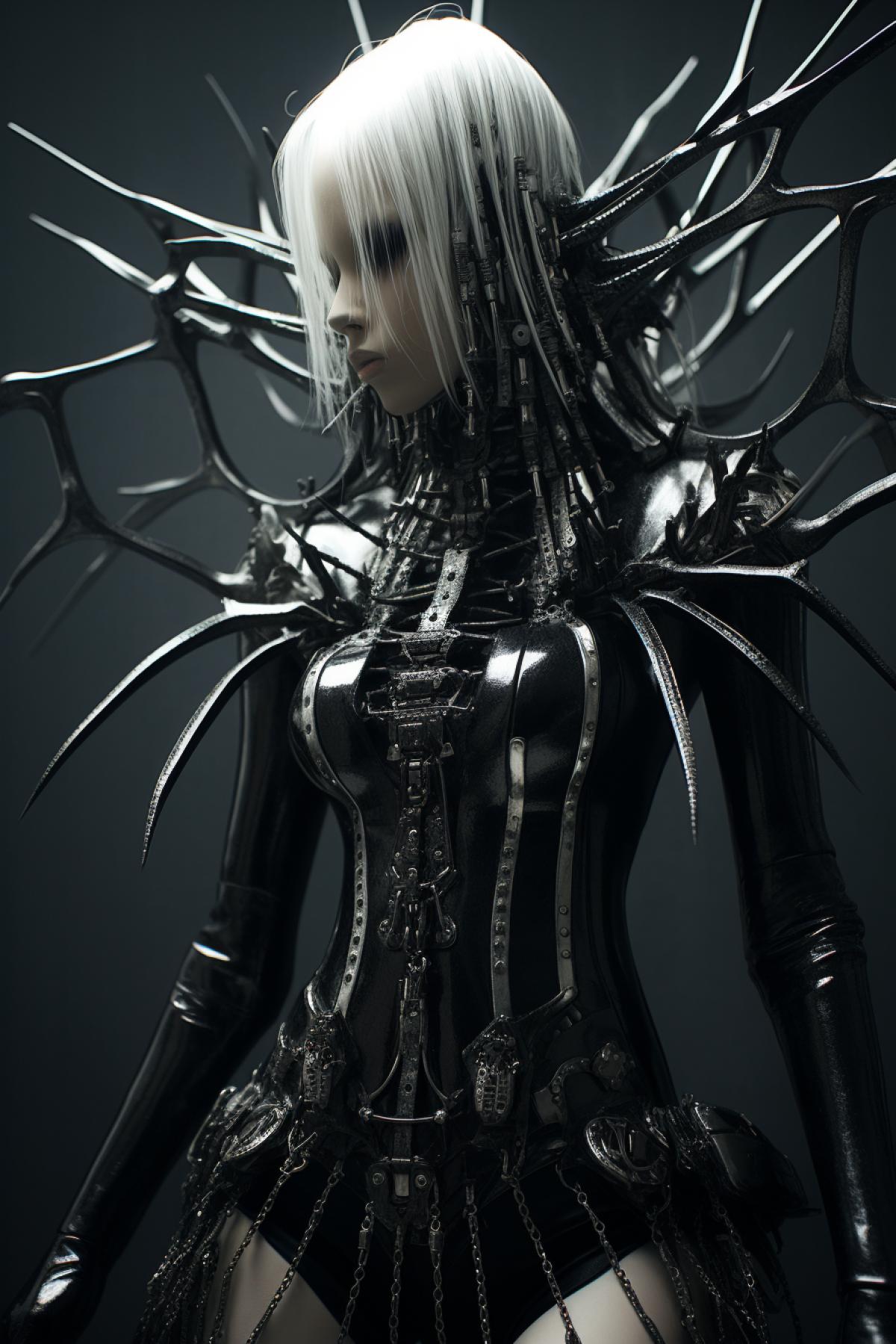 Spider fashion style, top model, design dress, Technopunk, biopunk, giger style, full body, extravagant, gothic, mirror broken glroom, photorealistic,