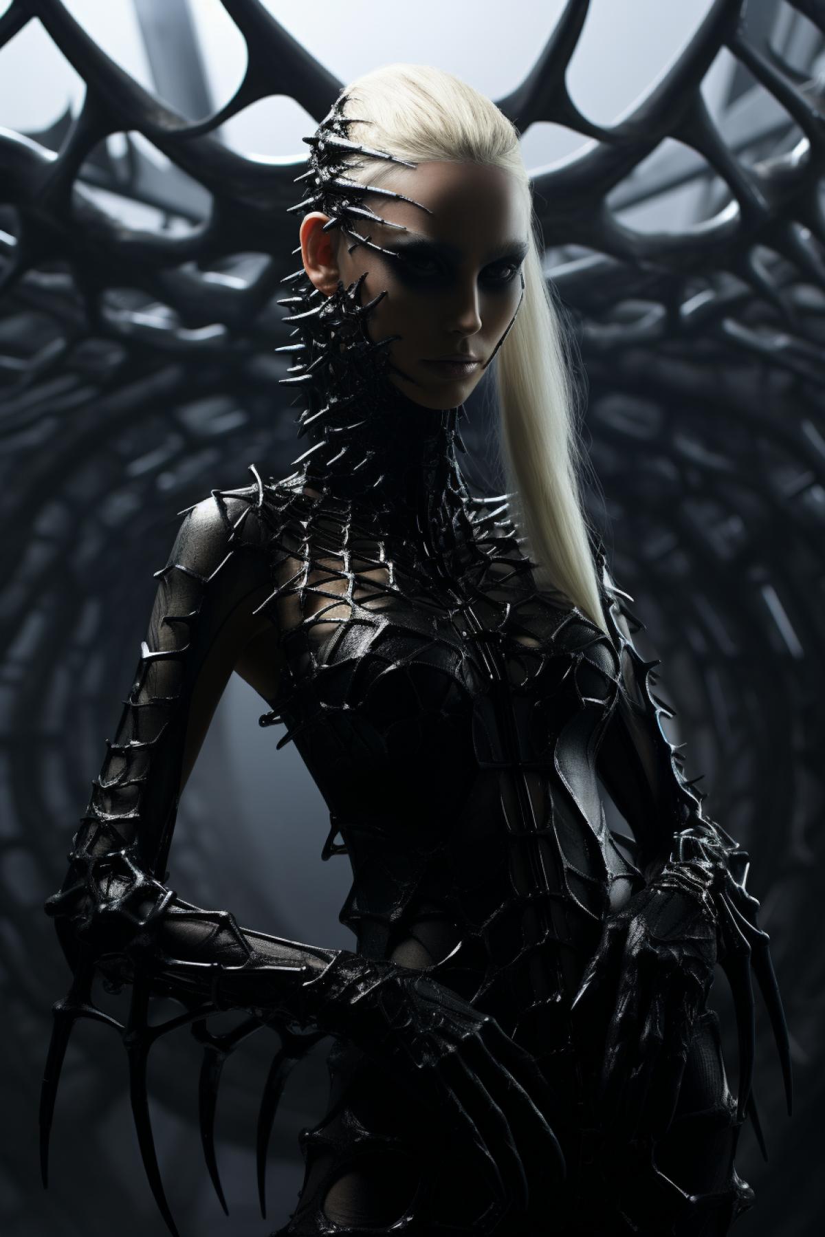 Spider fashion style, top model, design dress, Technopunk, biopunk, giger style, full body, extravagant, gothic, mirror broken glroom, photorealistic,