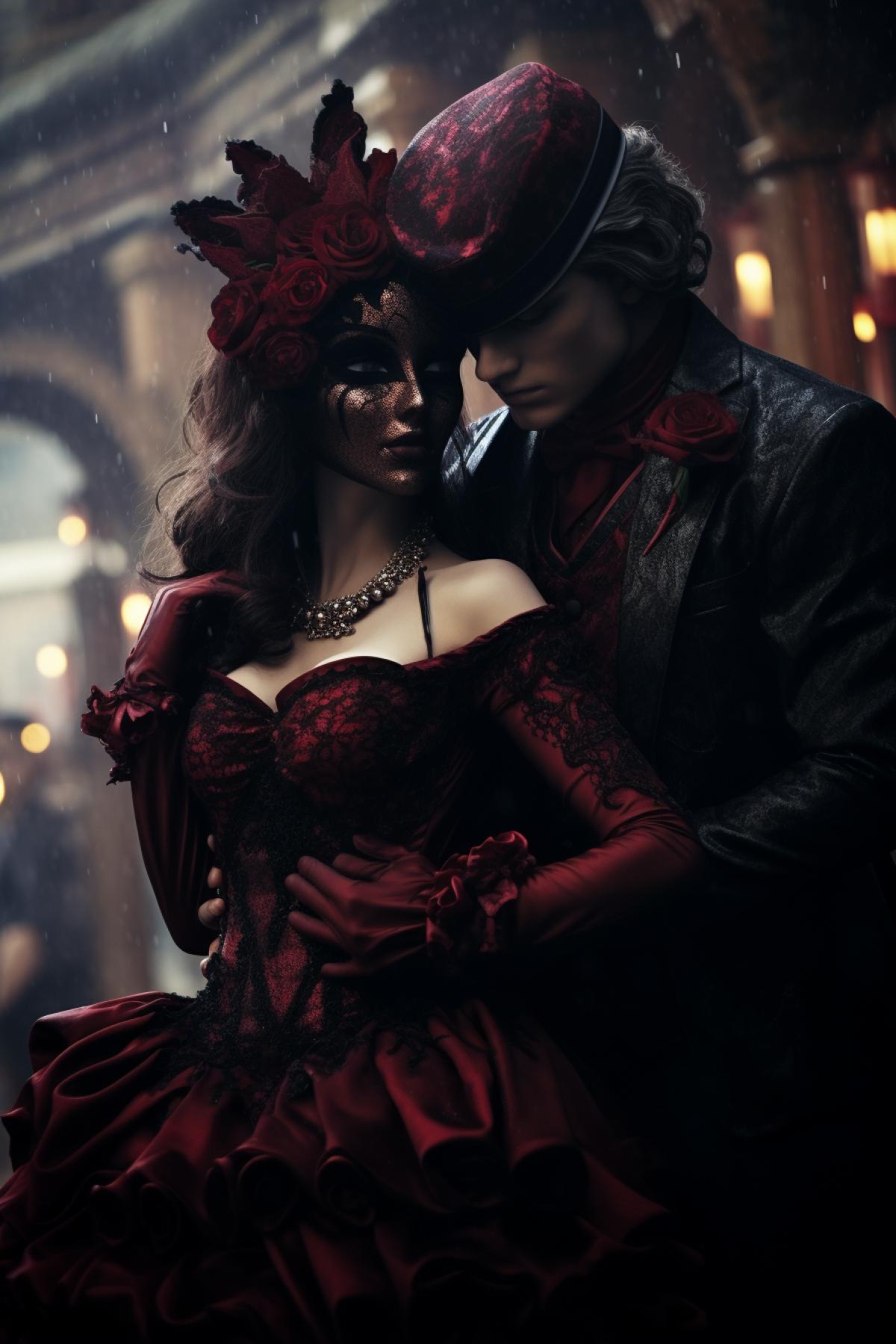 Vampires masquerade, Venetian carnival, waltz, night, gothic, atmospheric, mystical, dynamic