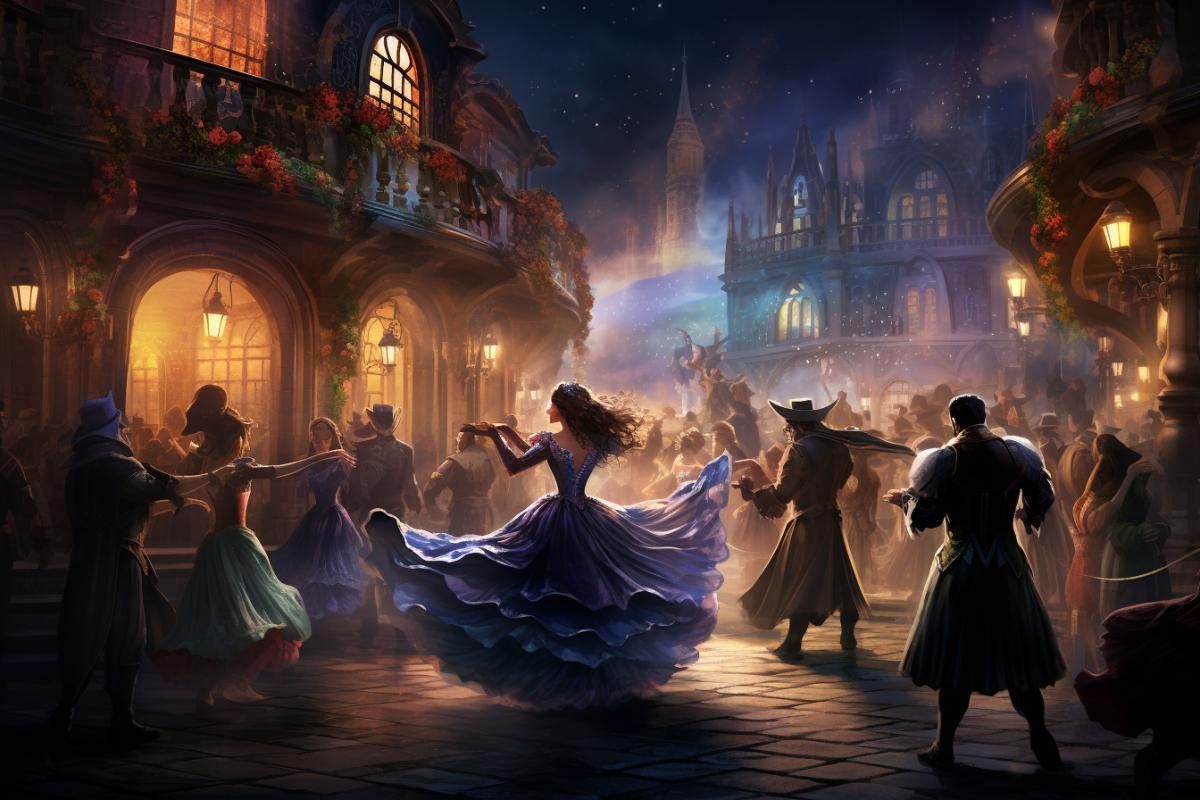 Carnival in Hogwarts, Harry Potter personages, :: dancing waltz, masquerade, :: photorealistic, atmospheric, magical
