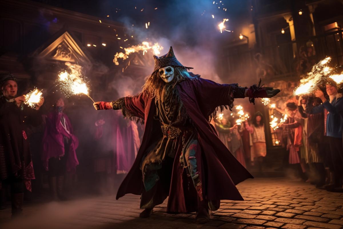 Carnival in Hogwarts, Harry Potter personages, :: dancing wizards, masquerade, :: photorealistic, atmospheric, magical