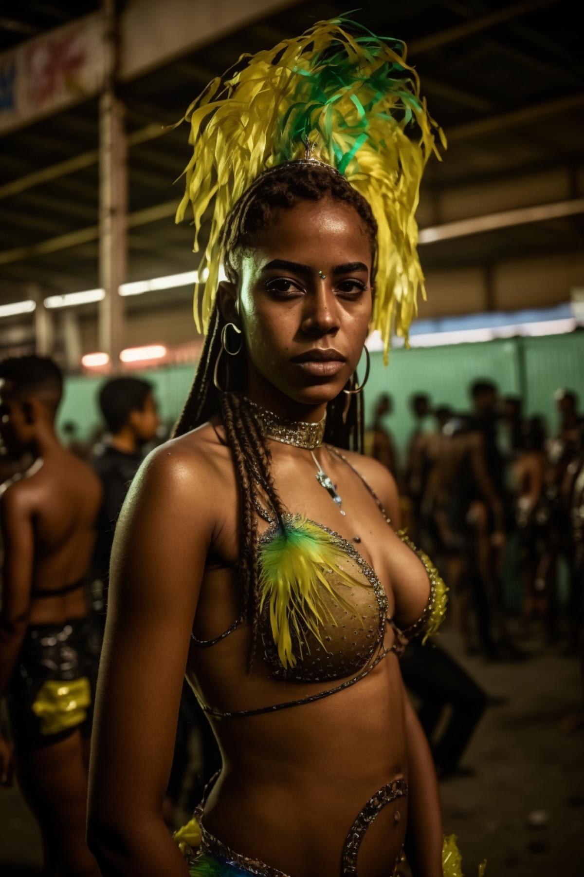 young woman from the Brazilian carnival in full length, bright costume. Shot on Leica M10 s 200 c 100 style raw
