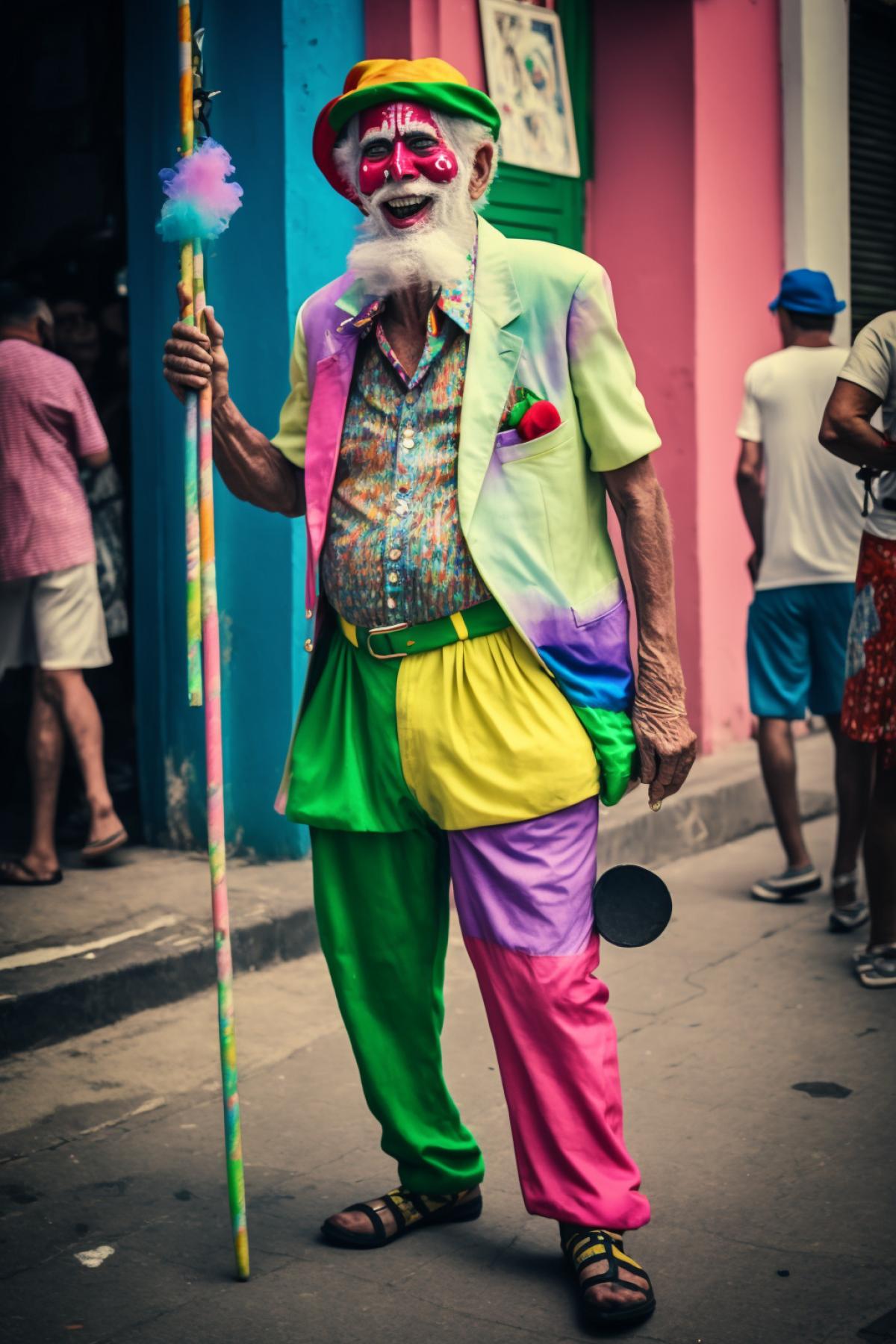full-length cheerful old man from the Brazilian carnival, bright carnival costume. Shot on Leica M10 s 200 c 100 style raw