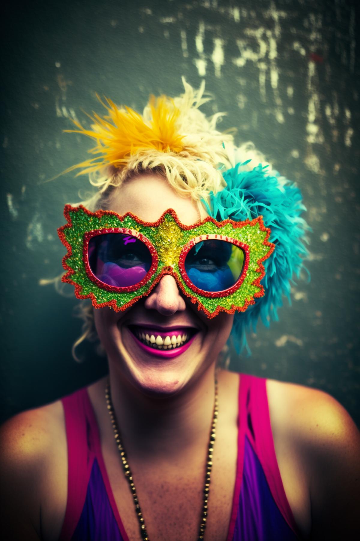 The photo you provided is a portrait of a cheerful young woman dressed in a bright carnival costume and a carnival mask. The photo was taken with a Leica M10 camera with a 200mm lens and a 100mm prime lens. The style of photography appears raw, as indicated by the use of the term raw style.