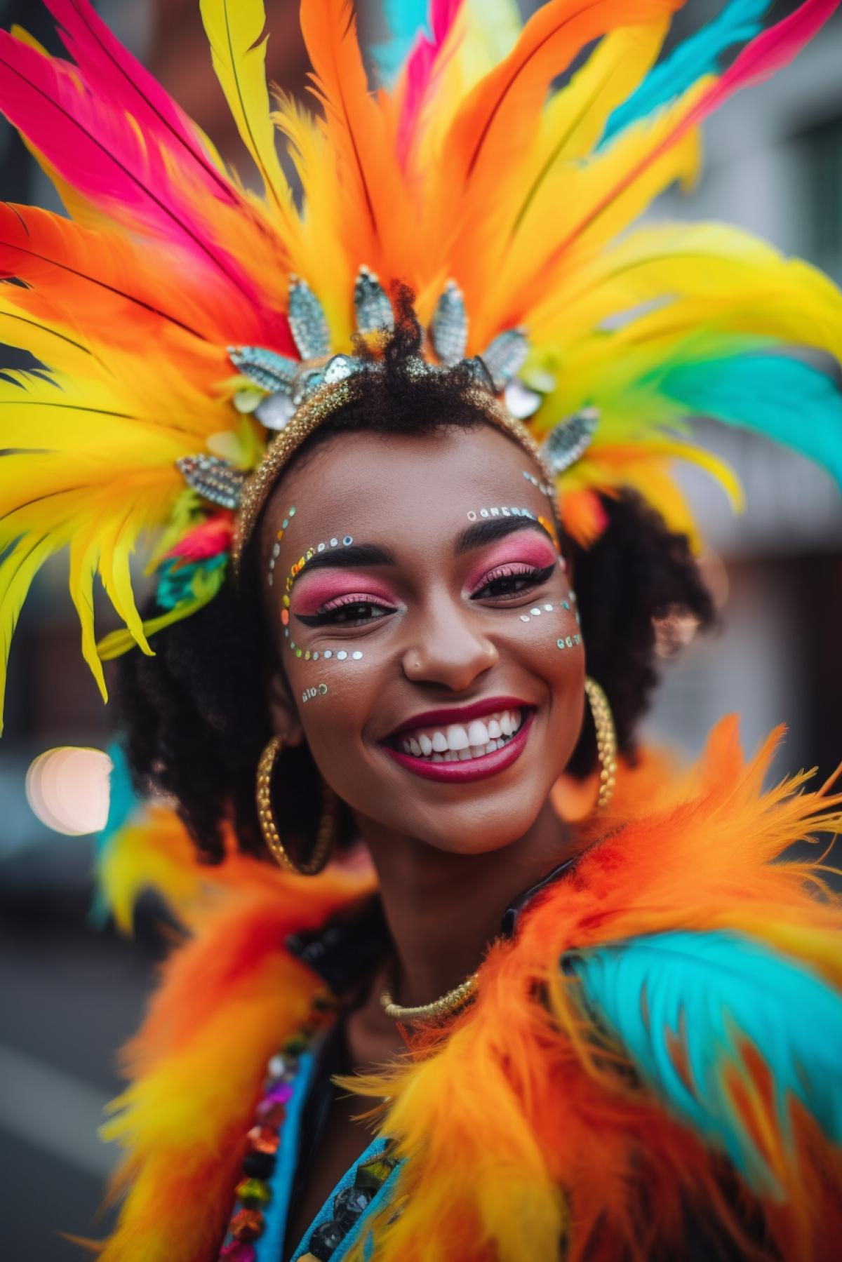 The photo you provided is a portrait of a cheerful young woman dressed in a bright carnival costume and a carnival mask. The photo was taken with a Leica M10 camera with a 200mm lens and a 100mm prime lens. The style of photography appears raw, as indicated by the use of the term raw style.