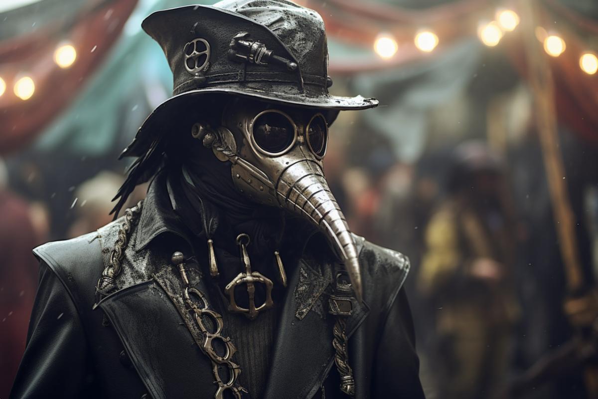 Plague doctor at the carnival, masquerade, steampunk, photorealism, atmospheric