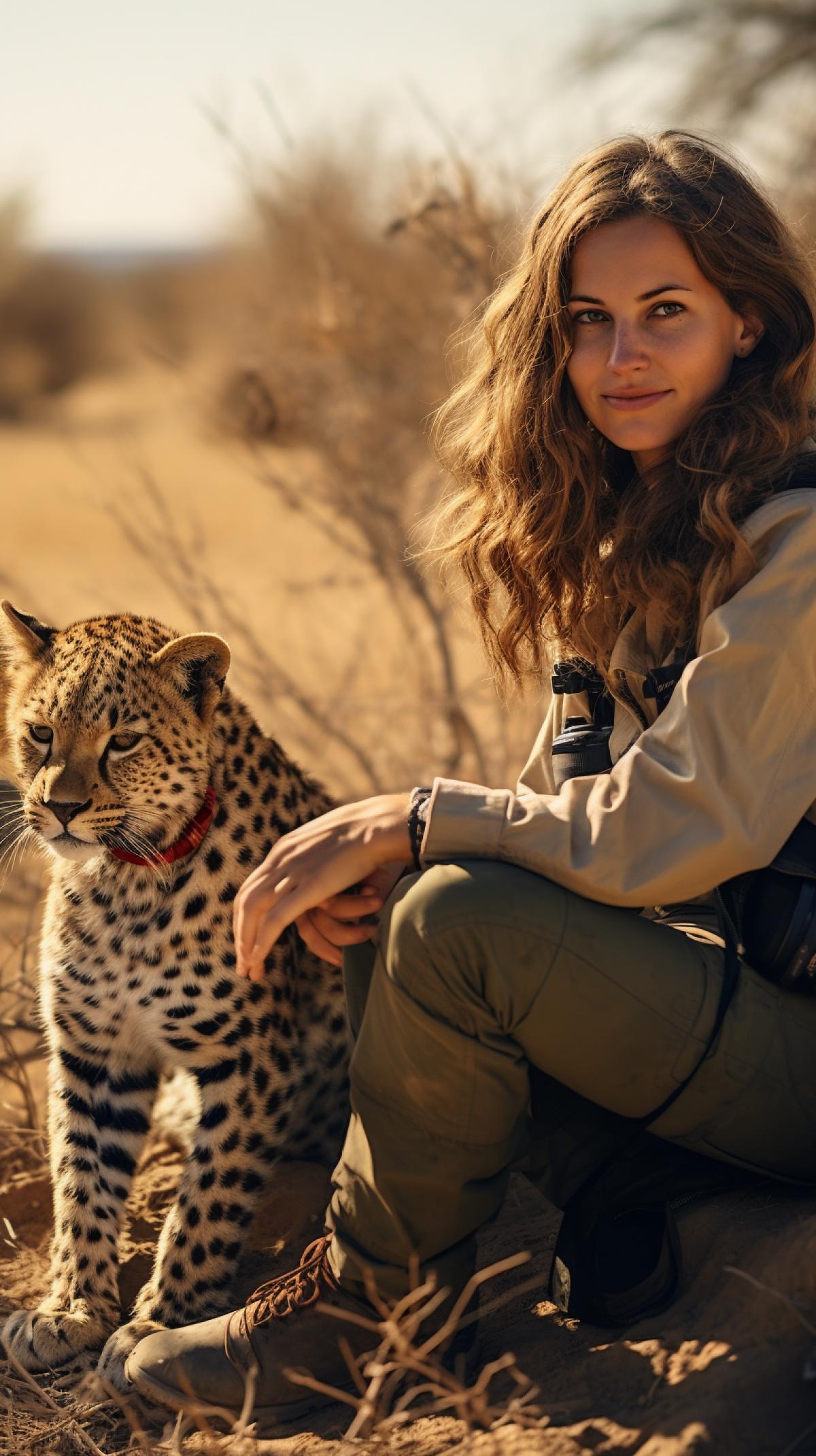 Attractive Girl Scientist naturalist observing wild animals of African savannah, bright midday light, high contrast of light and shadow, leopard lying in the background, professional camera Sony